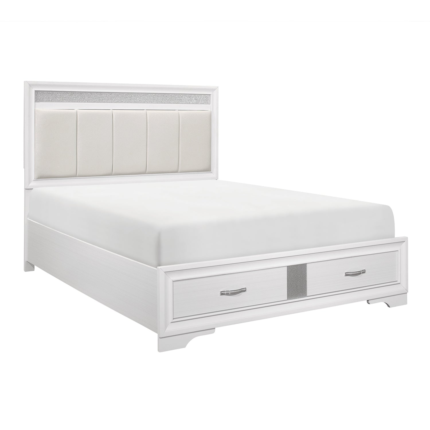 Luster White Queen Upholstered Storage Platform Bed - SET | 1505W-1 | 1505W-3 | 1505W-DW - Bien Home Furniture & Electronics
