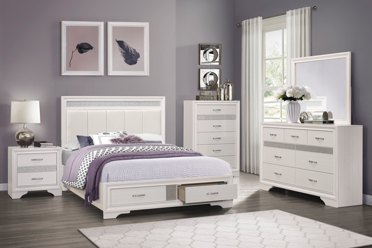 Luster White Queen Upholstered Storage Platform Bed - SET | 1505W-1 | 1505W-3 | 1505W-DW - Bien Home Furniture & Electronics