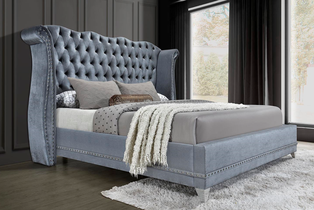 Luxor Gray Velvet Queen Platform Bed - Luxor-Grey Queen - Bien Home Furniture &amp; Electronics