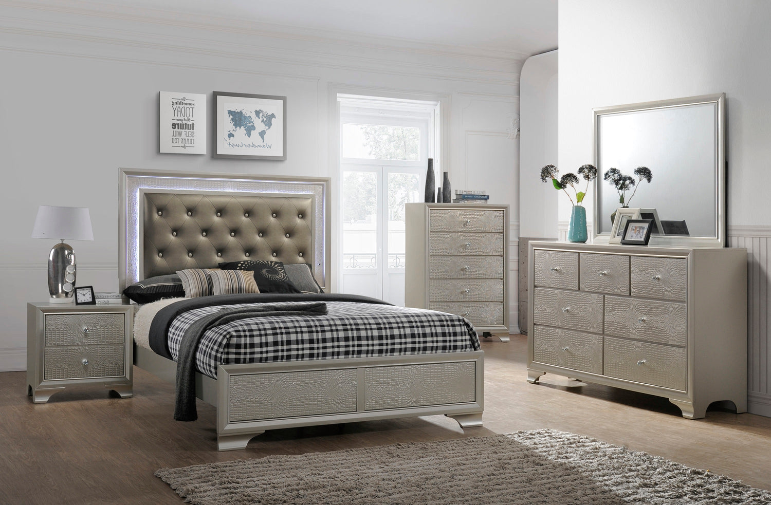 Lyssa Champagne Full LED Upholstered Panel Bed - SET | B4300-F-HBFB | B4300-FT-RAIL - Bien Home Furniture & Electronics