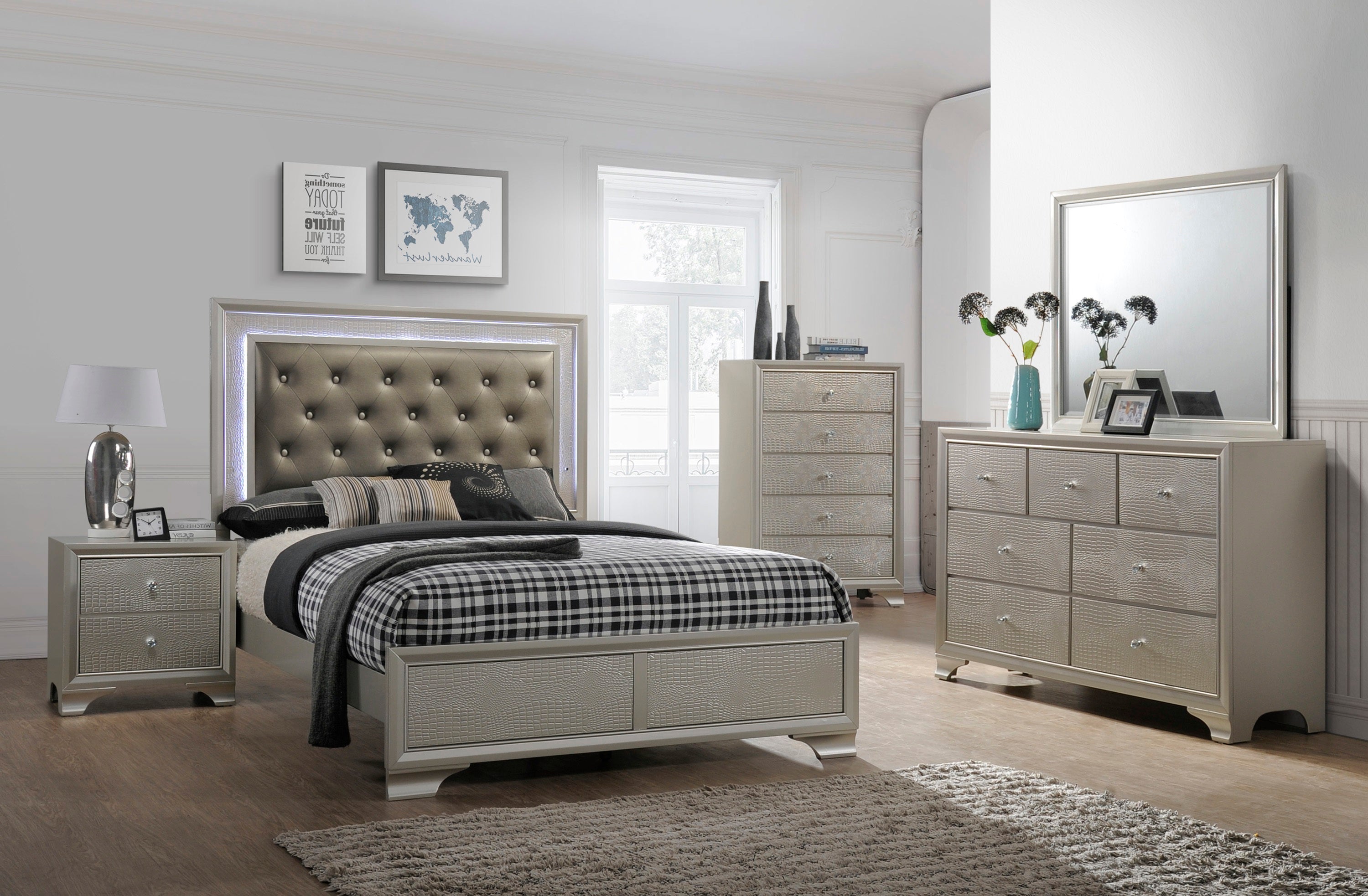 Lyssa Champagne LED Upholstered Panel Bedroom Set - SET | B4300-K-HBFB | B4300-KQ-RAIL | B4300-1 | B4300-11 - Bien Home Furniture &amp; Electronics