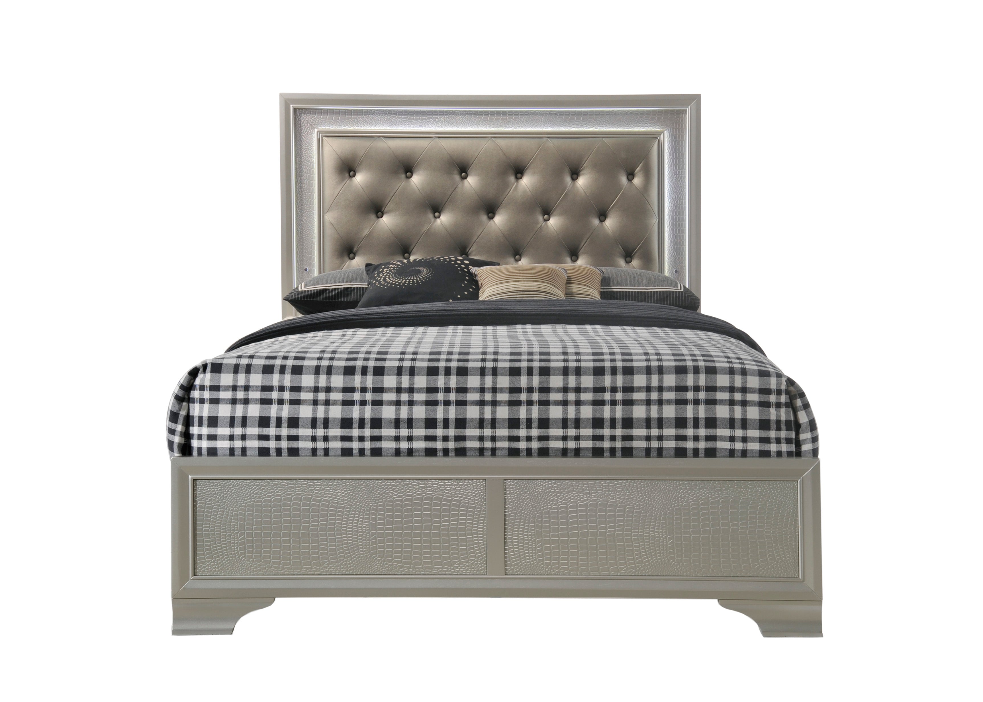 Lyssa Champagne LED Upholstered Panel Bedroom Set - SET | B4300-K-HBFB | B4300-KQ-RAIL | B4300-1 | B4300-11 - Bien Home Furniture &amp; Electronics