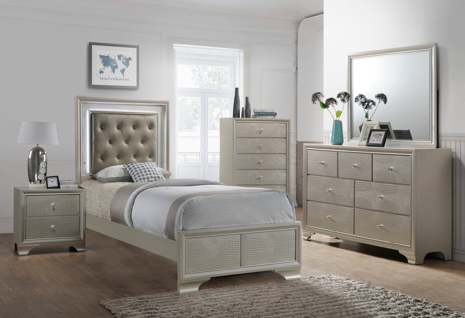 Lyssa Champagne LED Upholstered Panel Youth Bedroom Set - SET | B4300-F-HBFB | B4300-FT-RAIL | B4300-1 | B4300-11 | B4300-2 - Bien Home Furniture & Electronics