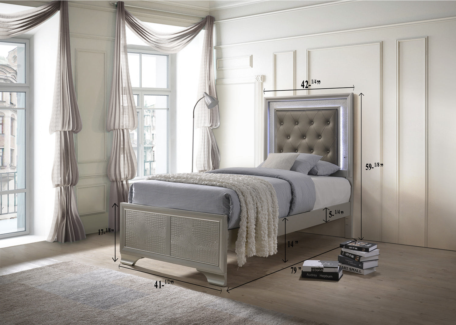 Lyssa Champagne LED Upholstered Panel Youth Bedroom Set - SET | B4300-F-HBFB | B4300-FT-RAIL | B4300-1 | B4300-11 | B4300-2 - Bien Home Furniture & Electronics