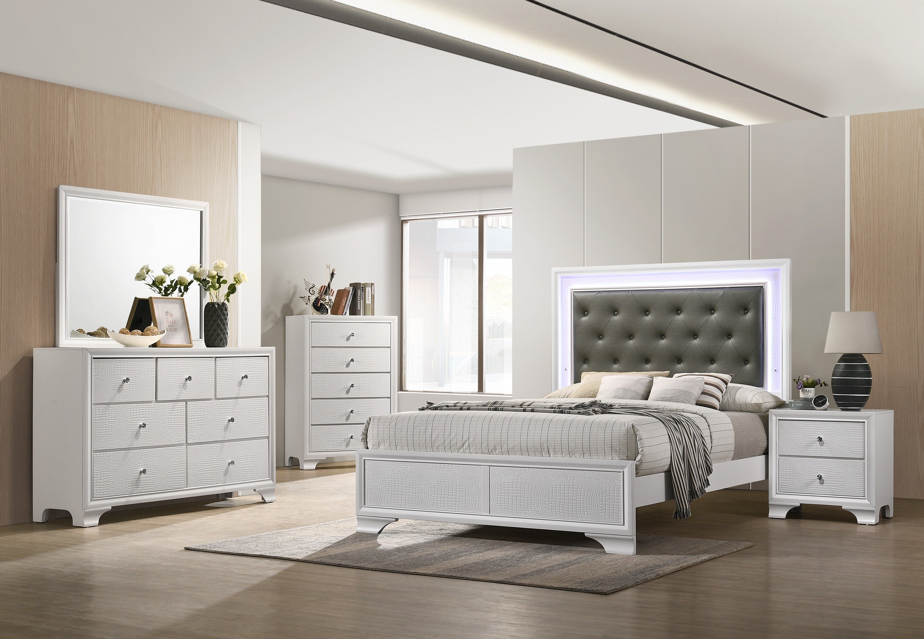 Lyssa Frost King LED Upholstered Panel Bed - SET | B4310-K-HBFB | B4310-KQ-RAIL - Bien Home Furniture & Electronics