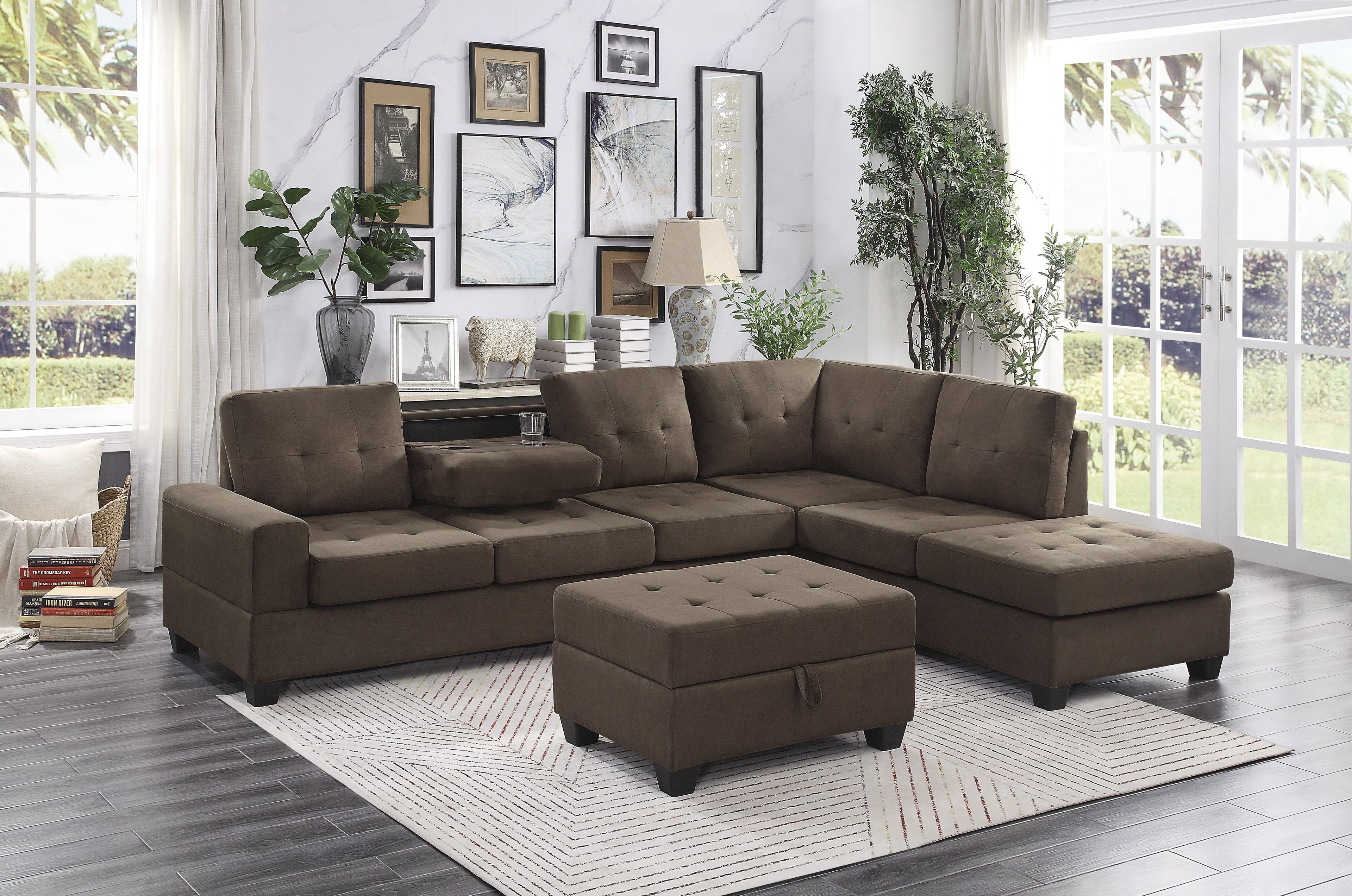Maston Chocolate 2-Piece Reversible Sectional with Drop-Down Cup Holders and Storage Ottoman - 9507CHC*3OT - Bien Home Furniture & Electronics