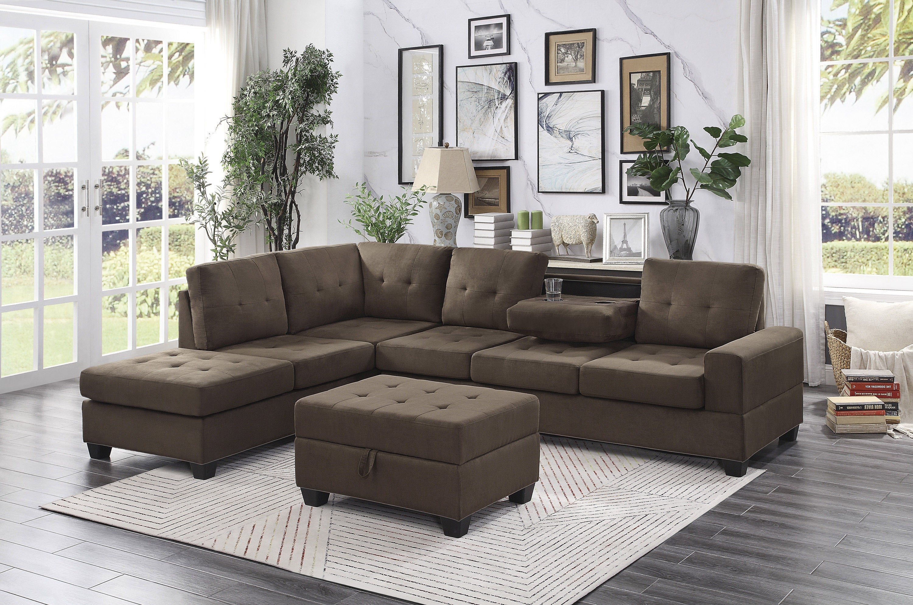 Maston Chocolate 2-Piece Reversible Sectional with Drop-Down Cup Holders and Storage Ottoman - 9507CHC*3OT - Bien Home Furniture & Electronics