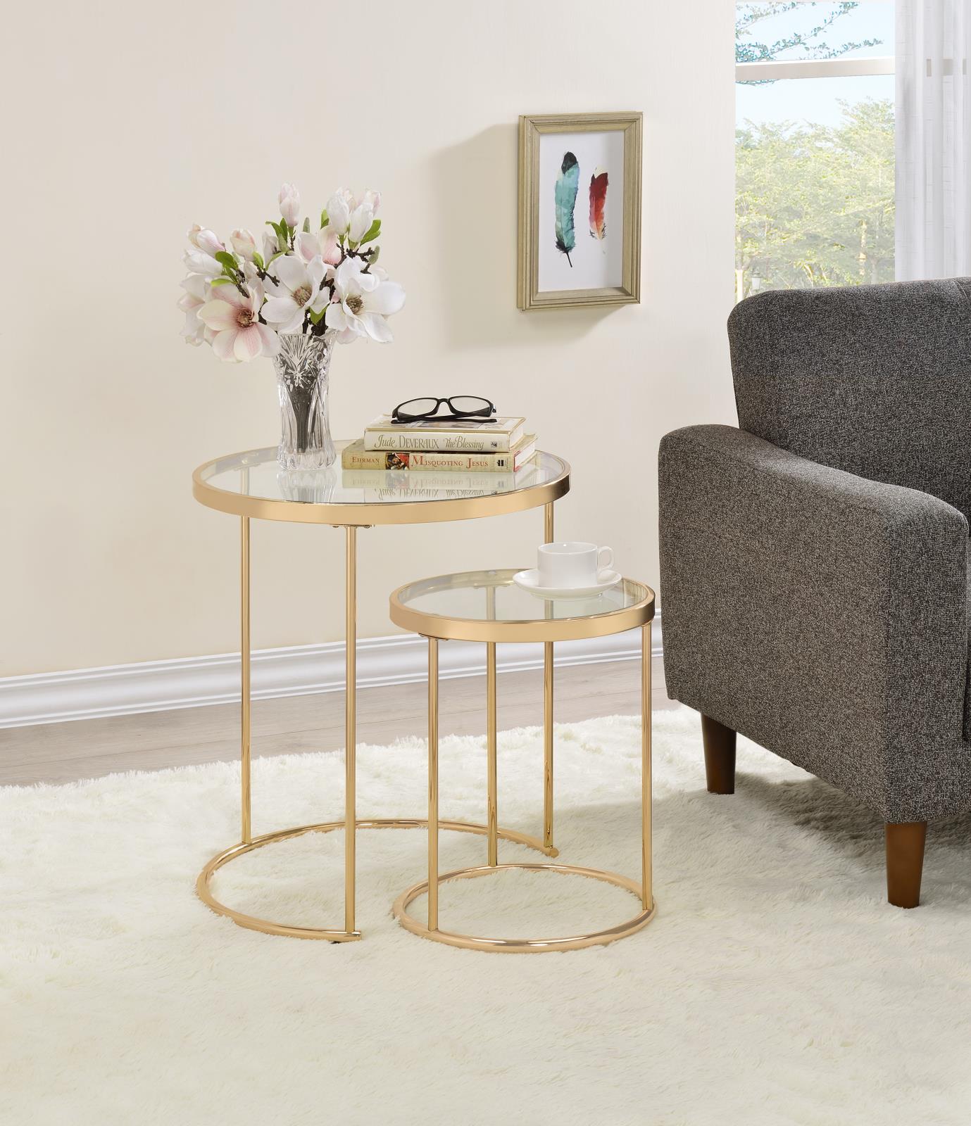 Maylin 2-Piece Round Glass Top Nesting Tables Gold - 935936 - Bien Home Furniture & Electronics