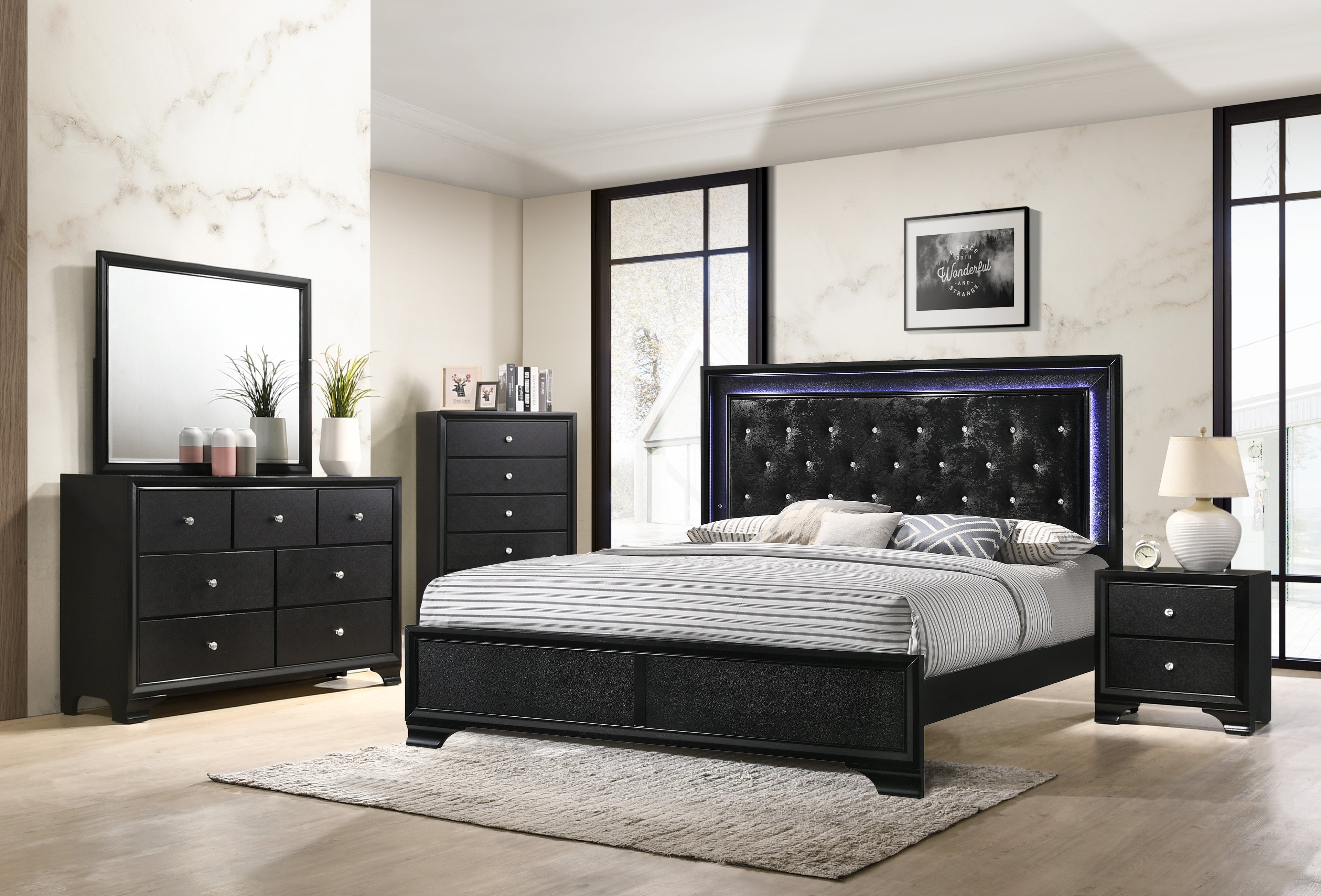 Micah Black LED Upholstered Panel Bedroom Set - SET | B4350-Q-HBFB | B4350-KQ-RAIL | B4350-1 | B4350-11 | B4350-2 - Bien Home Furniture & Electronics