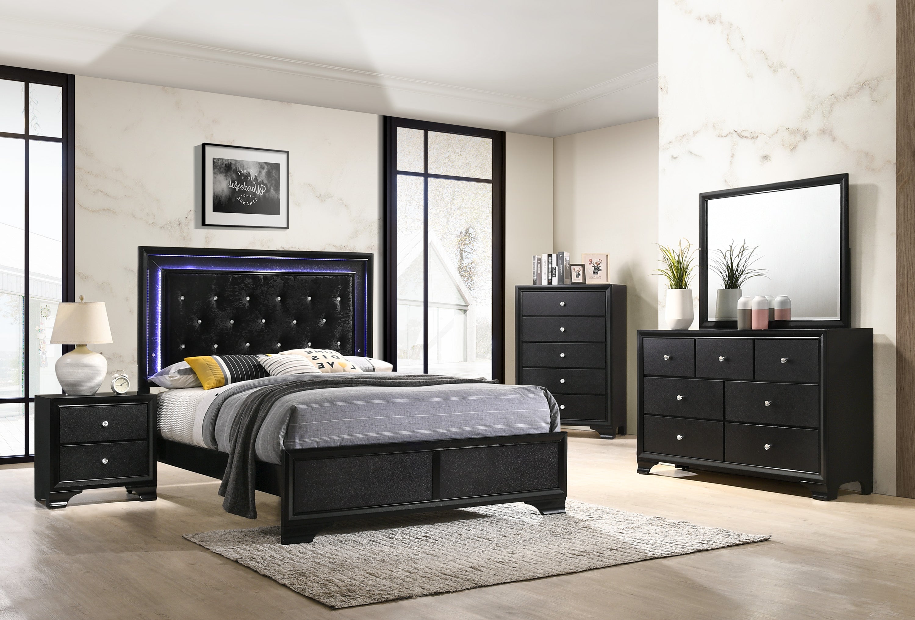 Micah Black Queen LED Upholstered Panel Bed - SET | B4350-Q-HBFB | B4350-KQ-RAIL - Bien Home Furniture & Electronics