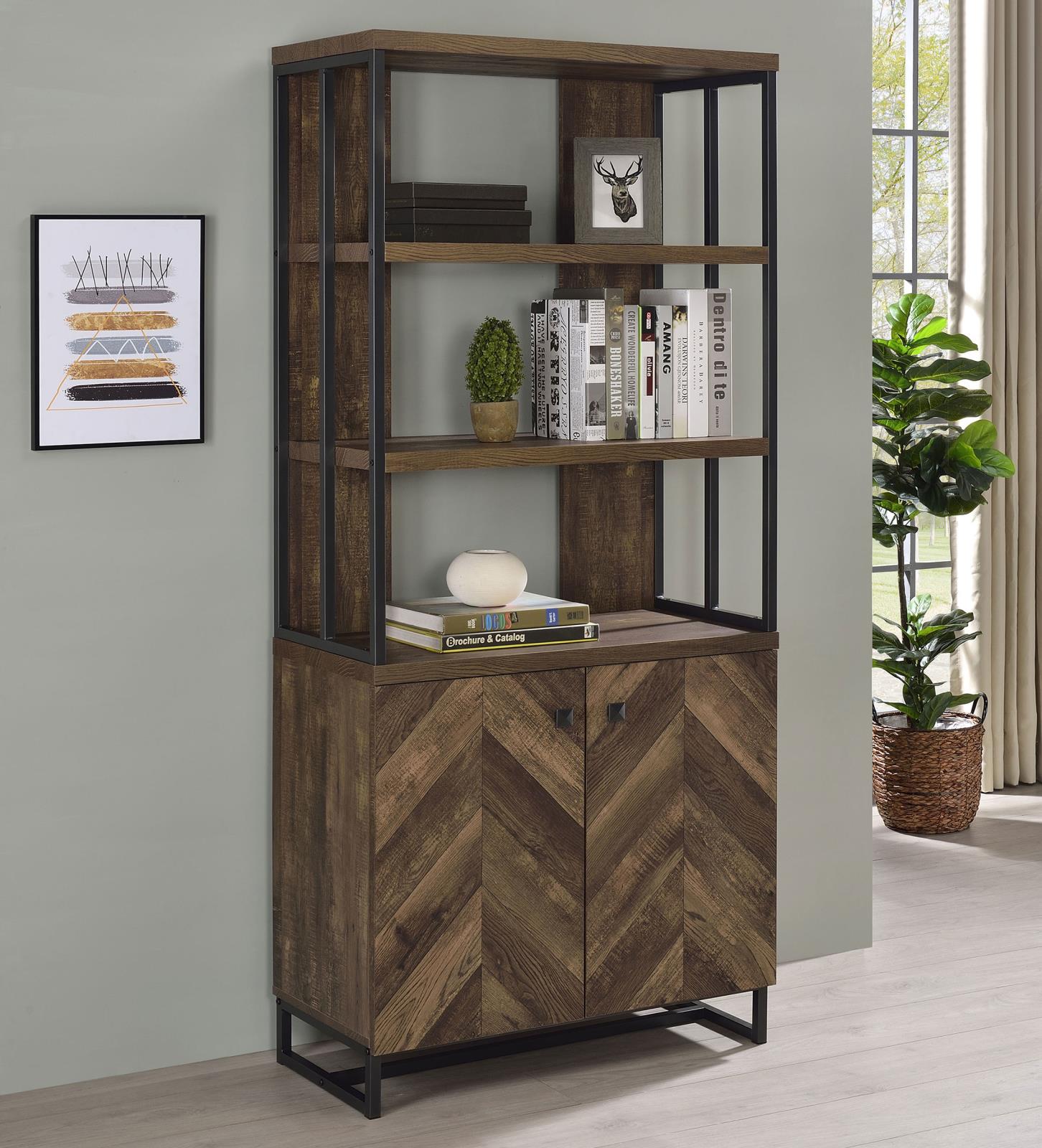 Millbrook Rustic Oak Herringbone/Gunmetal 2-Door Bookcase - 882093 - Bien Home Furniture &amp; Electronics