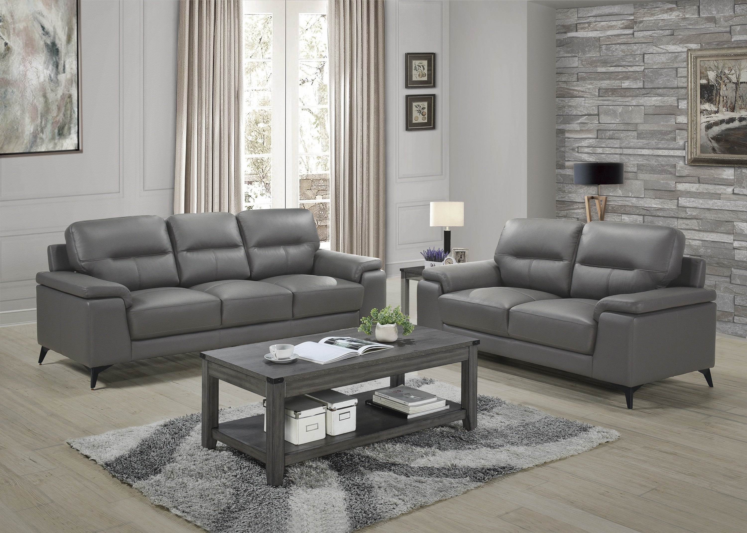 Mischa Dark Gray Top-Grain Leather Living Room Set - SET | 9514DGY-3 | 9514DGY-2 - Bien Home Furniture & Electronics