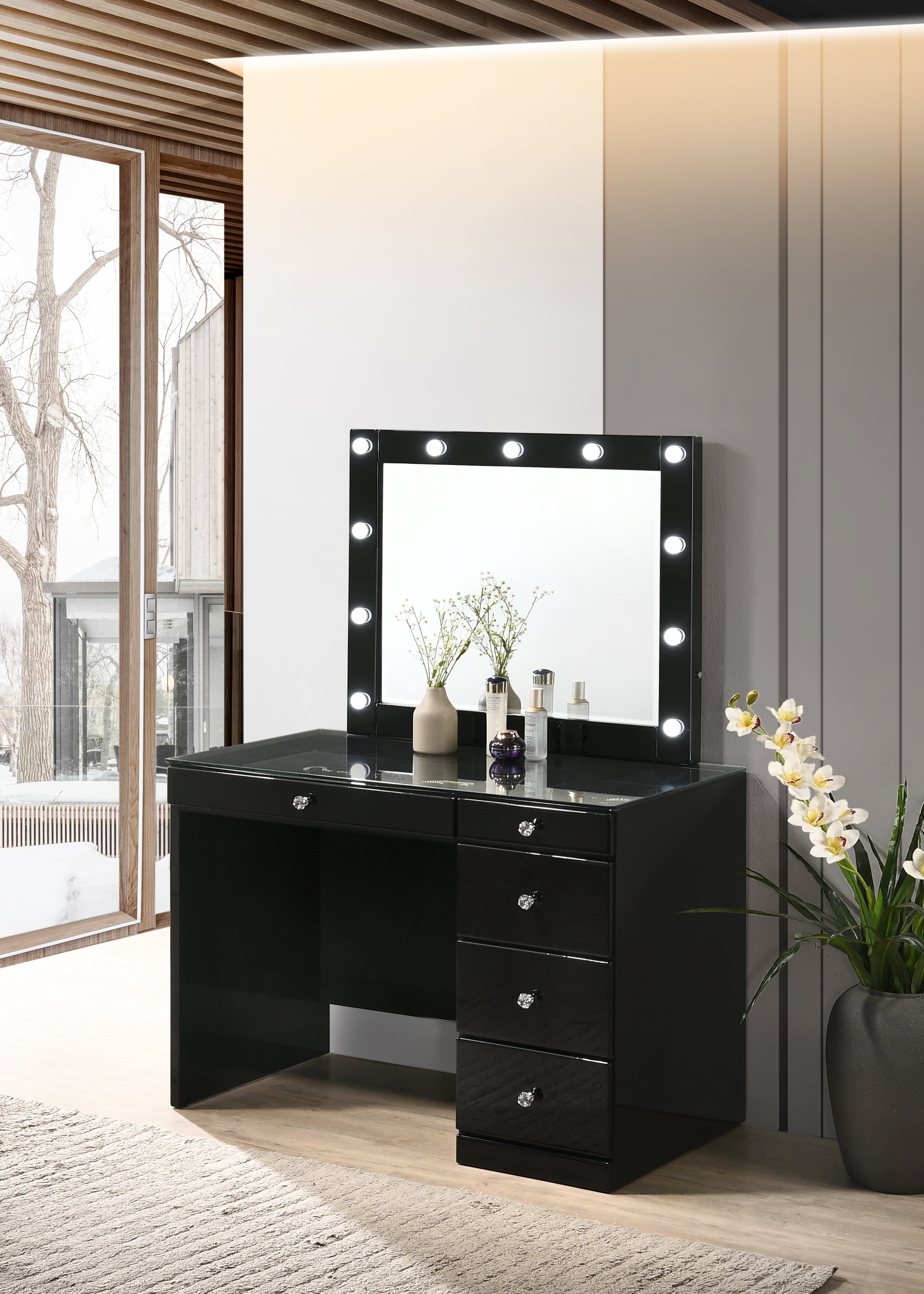 Morgan Black Makeup Vanity Set with Lighted Mirror - SET | B4851BK-91-BASE | B4851BK-91-TOP | B4850BK-91-11 | B4851BK-93 - Bien Home Furniture &amp; Electronics