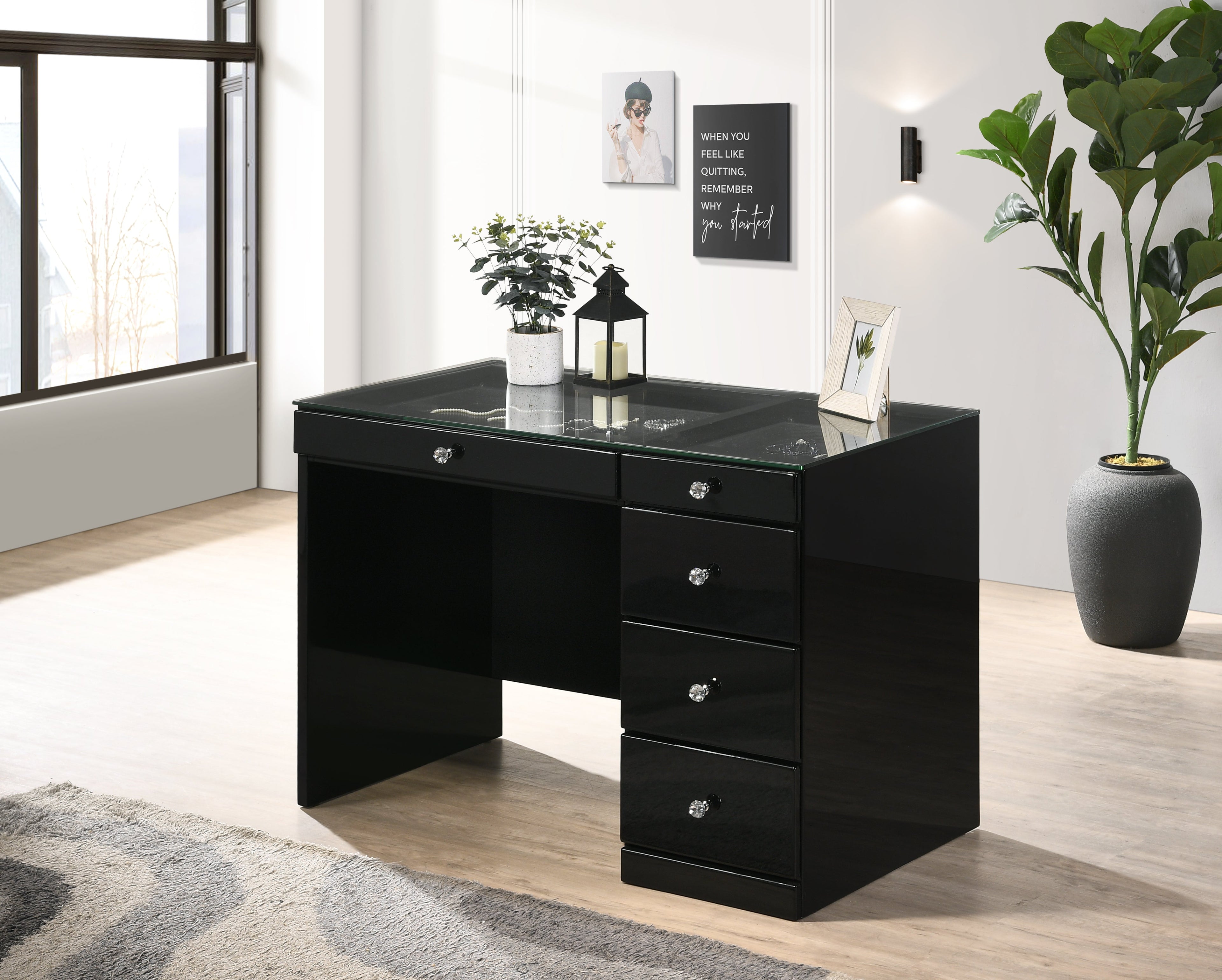 Morgan Black Makeup Vanity Set with Lighted Mirror - SET | B4851BK-91-BASE | B4851BK-91-TOP | B4850BK-91-11 | B4851BK-93 - Bien Home Furniture & Electronics