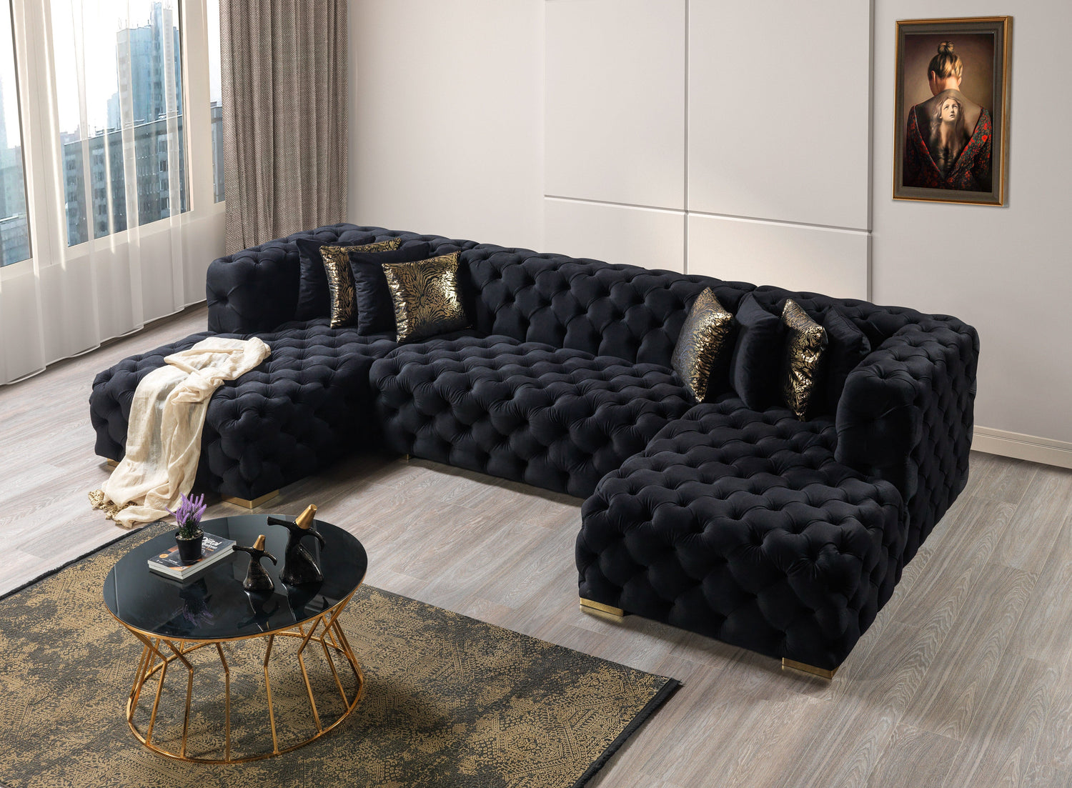 Neva Black Velvet Double Chaise Sectional - NEVABLACK-SEC - Bien Home Furniture & Electronics