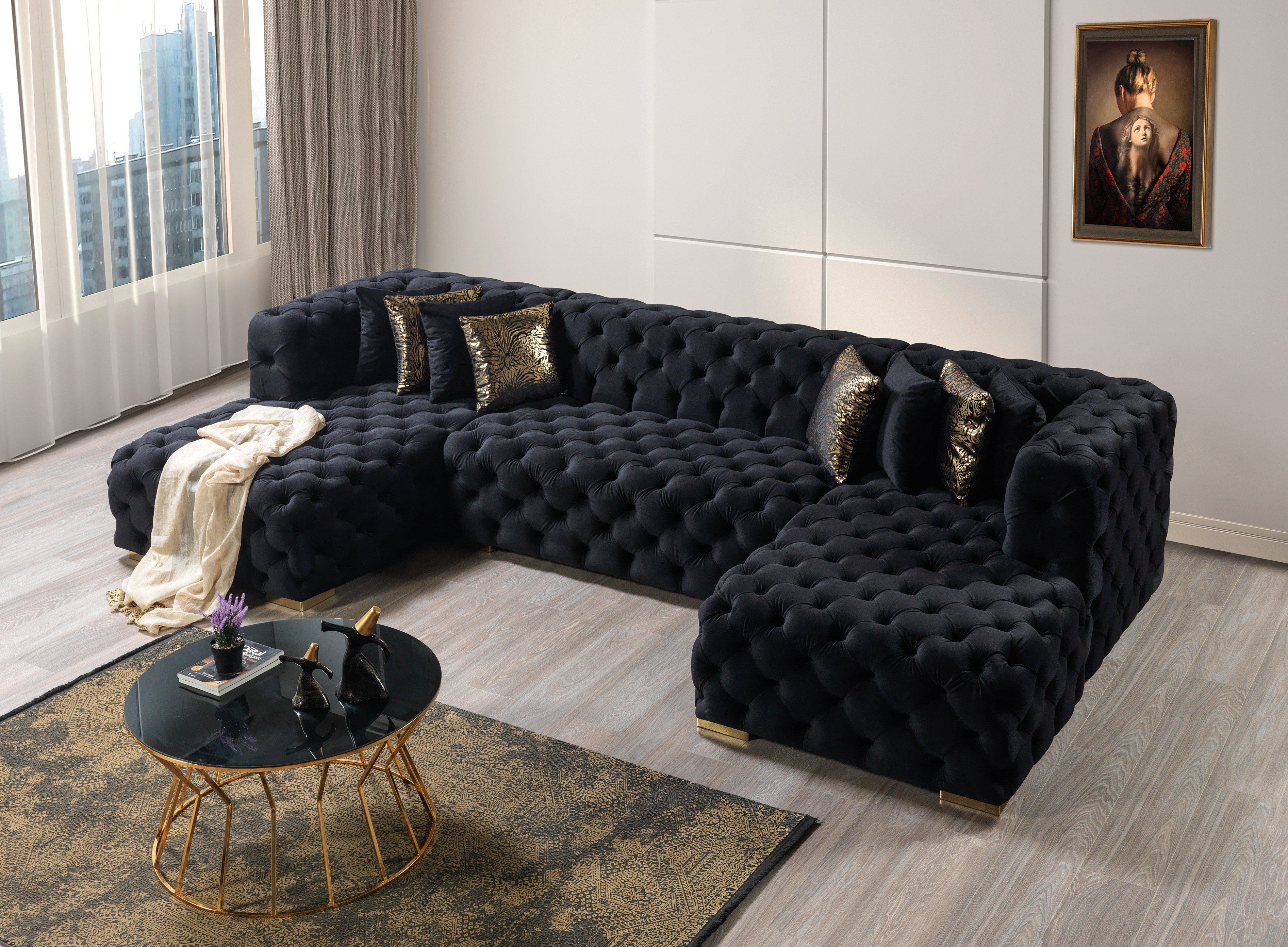 Neva Black Velvet Double Chaise Sectional - NEVABLACK-SEC - Bien Home Furniture & Electronics