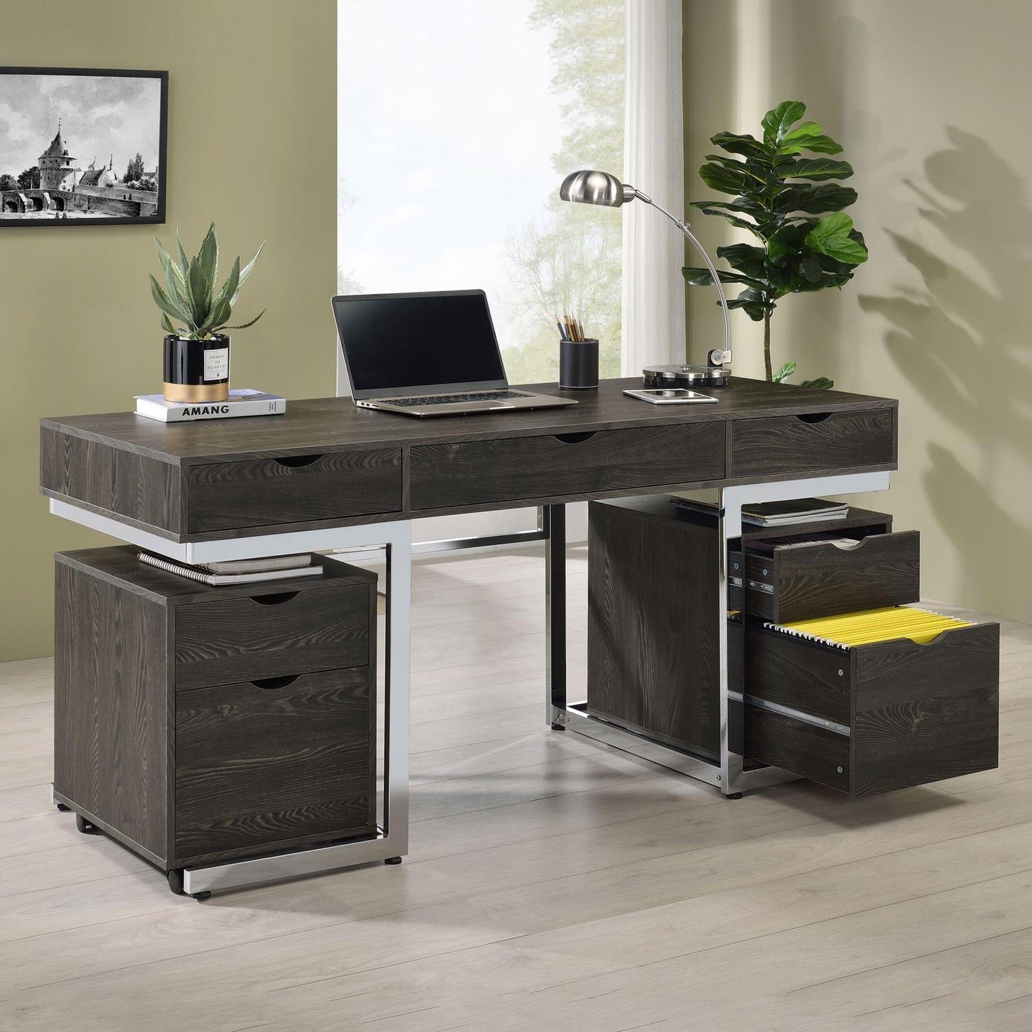 Noorvik Dark Oak/Chrome 3-Drawer Writing Desk - 881571 - Bien Home Furniture &amp; Electronics
