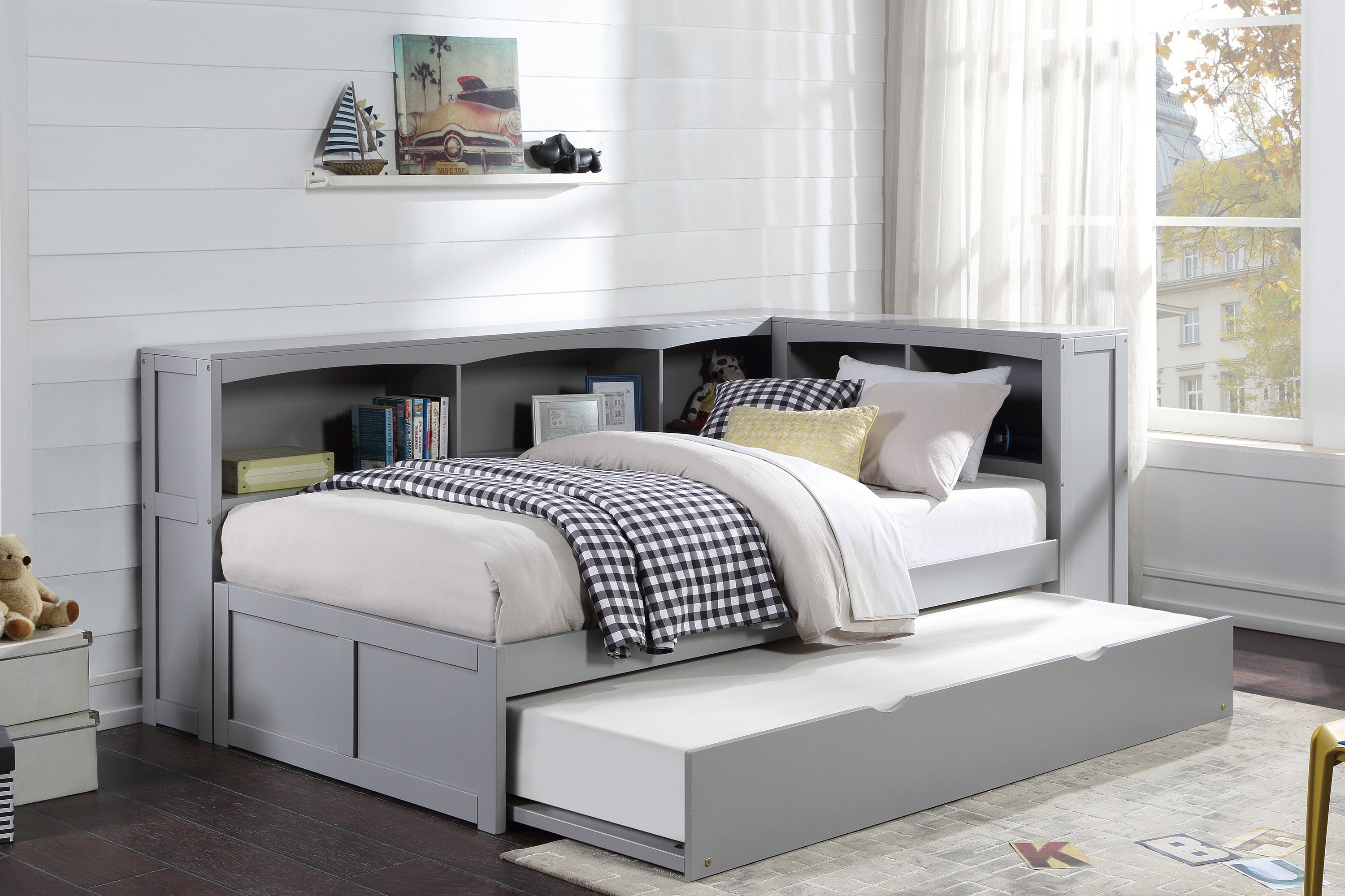 Orion Gray Twin Bookcase Corner Bed with Twin Trundle - SET | B2063BC-1 | B2063BC-2 | B2063BC-BC | B2063-R - Bien Home Furniture &amp; Electronics