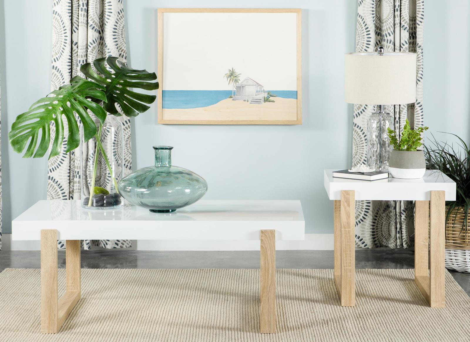 Pala White High Gloss/Natural Rectangular Coffee Table with Sled Base - 753398 - Bien Home Furniture & Electronics