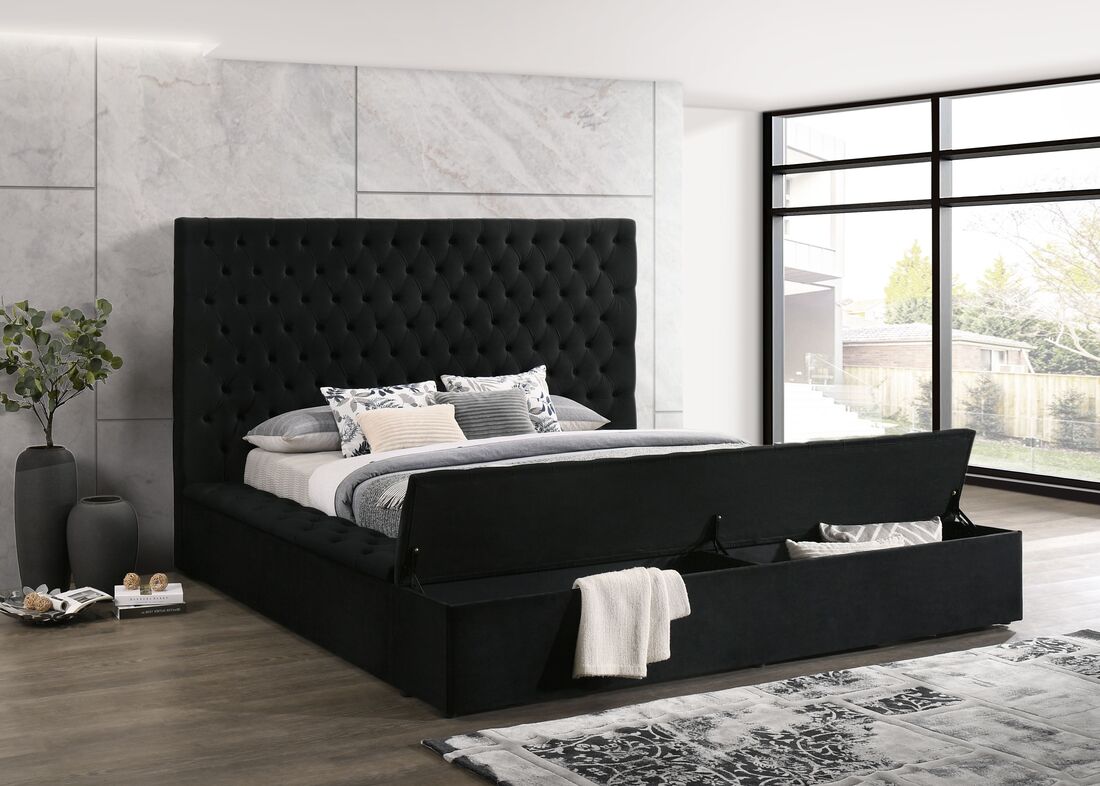 Paris Black Velvet Queen Storage Platform Bed - Paris - Black Queen - Bien Home Furniture & Electronics