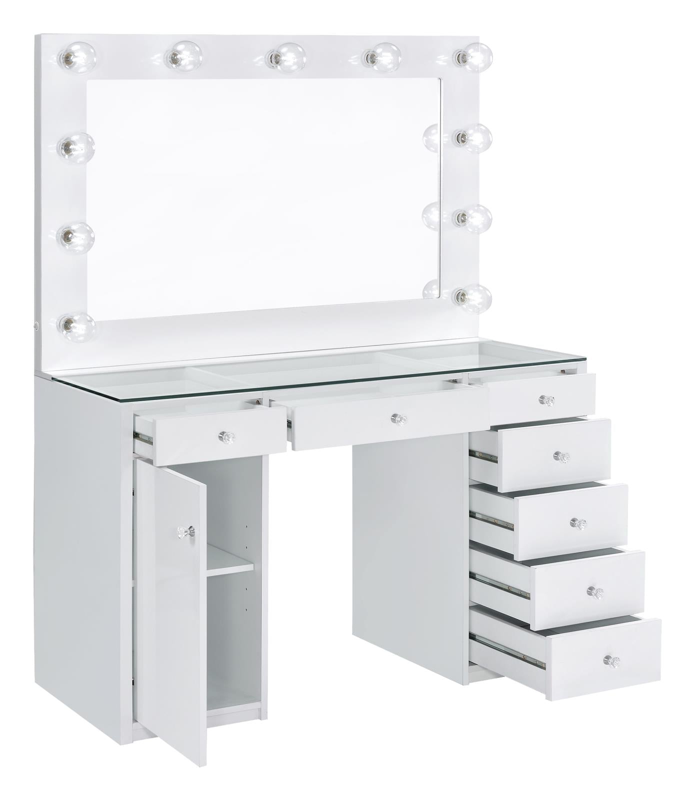 Percy 7-Drawer Glass Top Vanity Desk with Lighting White - 931143 - Bien Home Furniture & Electronics