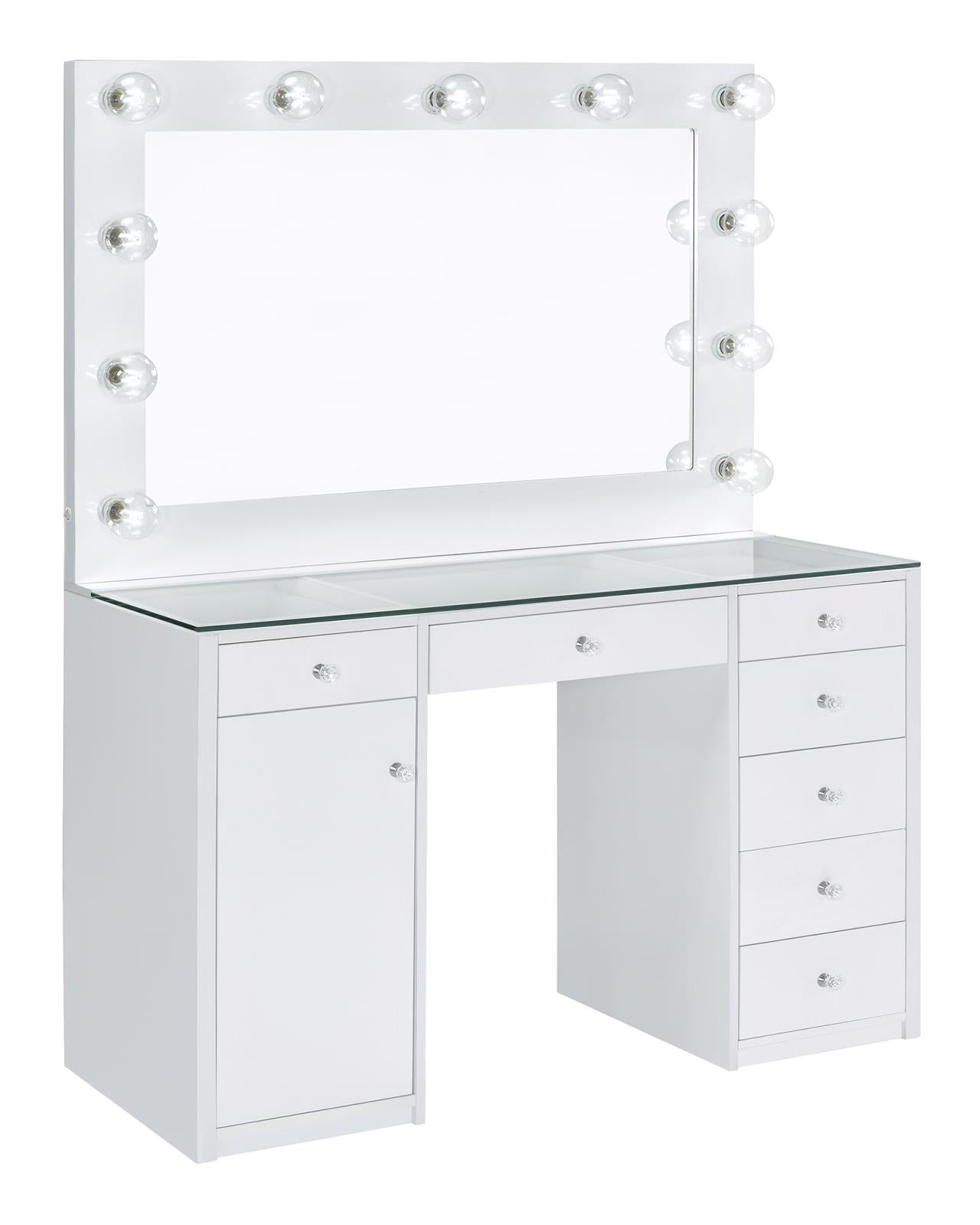 Percy 7-Drawer Glass Top Vanity Desk with Lighting White - 931143 - Bien Home Furniture & Electronics