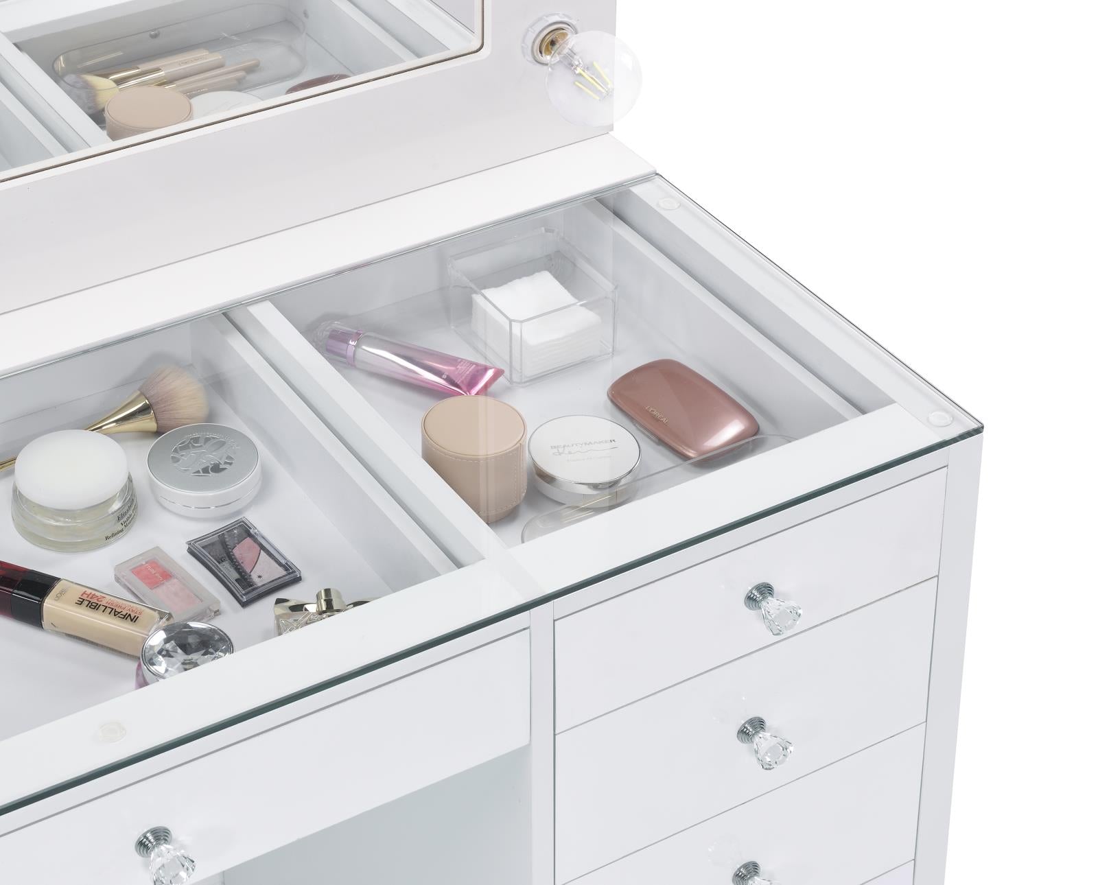 Percy 7-Drawer Glass Top Vanity Desk with Lighting White - 931143 - Bien Home Furniture & Electronics