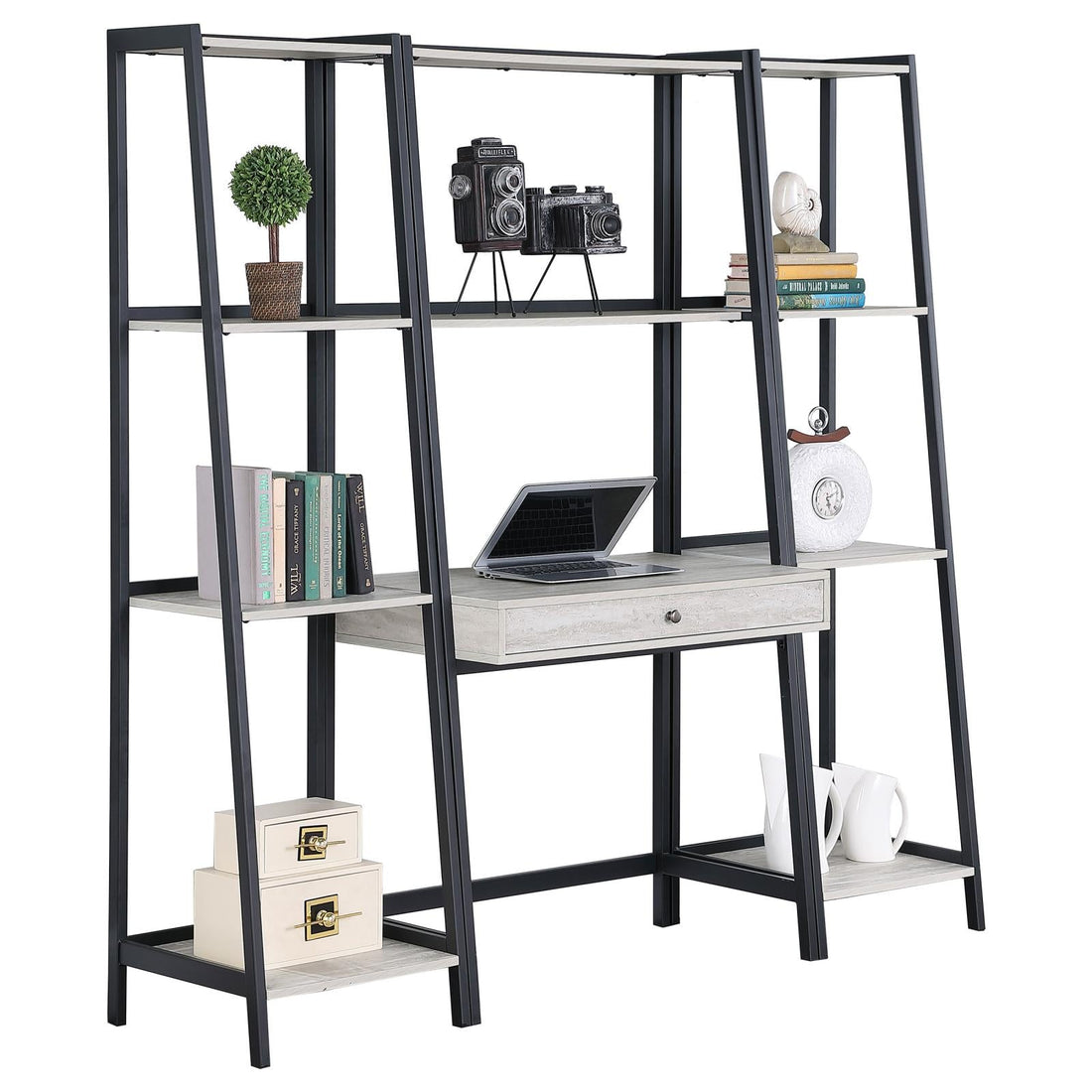 Pinckard Gray Stone Herringbone/Black 3-Piece Ladder Desk Set - 805801-S3 - Bien Home Furniture &amp; Electronics