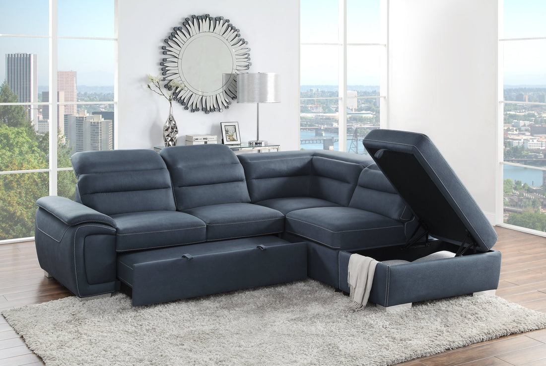 Platina Blue Sleeper Sectional with Storage Ottoman - 8277NBU* - Bien Home Furniture &amp; Electronics