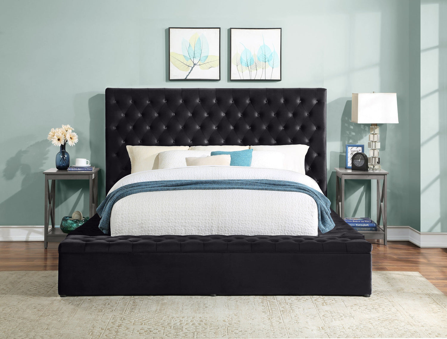 Prague Black Velvet King Upholstered Storage Platform Bed - SET | SH250BLKK-1 | SH250BLKK-2 | SH250BLKK-3EK - Bien Home Furniture & Electronics