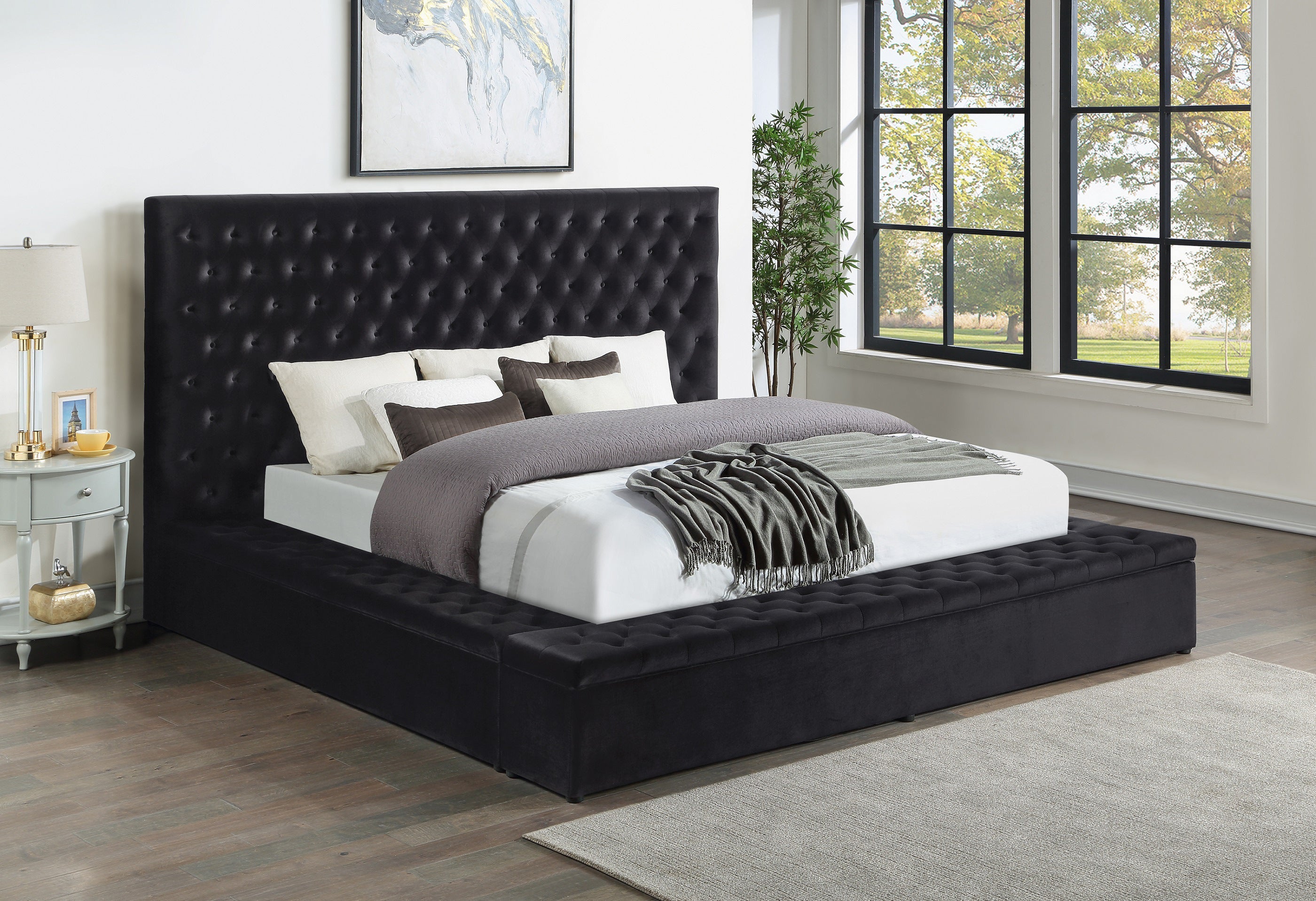 Prague Black Velvet King Upholstered Storage Platform Bed - SET | SH250BLKK-1 | SH250BLKK-2 | SH250BLKK-3EK - Bien Home Furniture &amp; Electronics