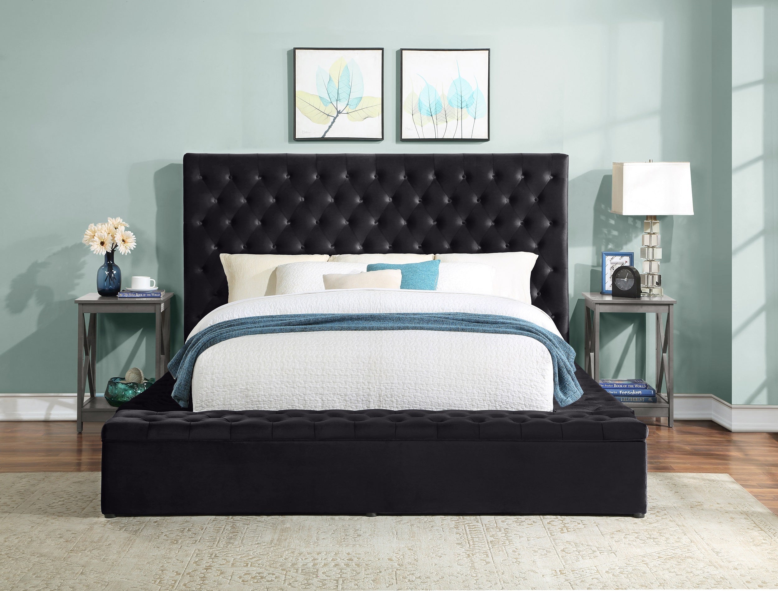 Prague Black Velvet Queen Upholstered Storage Platform Bed - SET | SH250BLK-1 | SH250BLK-2 | SH250BLK-3 - Bien Home Furniture & Electronics