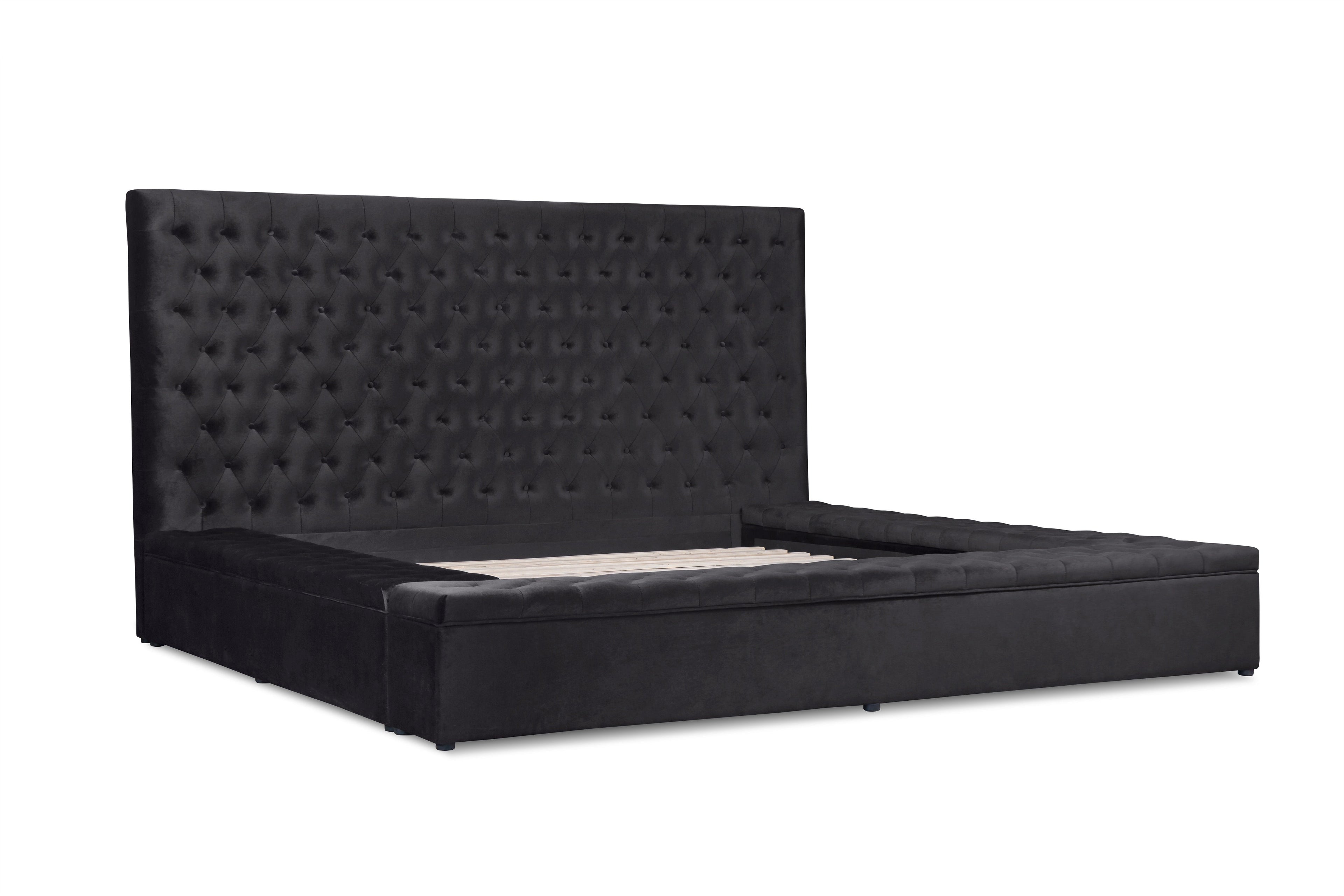 Prague Black Velvet Queen Upholstered Storage Platform Bed - SET | SH250BLK-1 | SH250BLK-2 | SH250BLK-3 - Bien Home Furniture &amp; Electronics