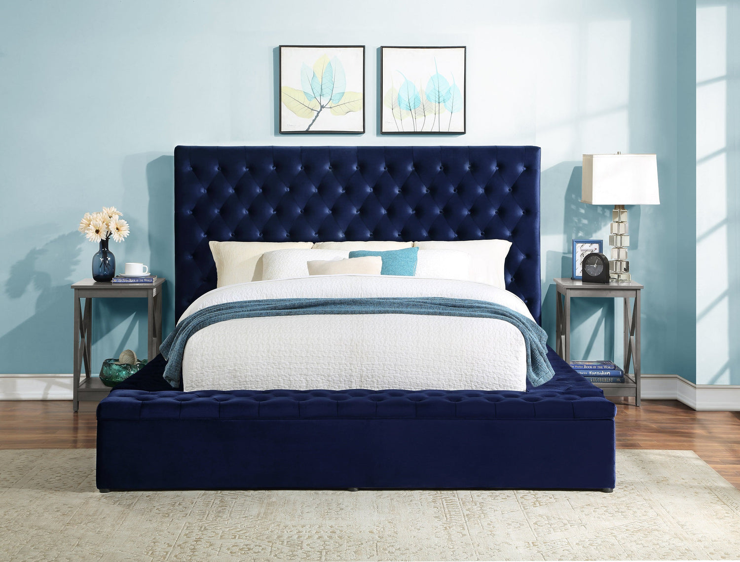 Prague Blue Velvet Queen Upholstered Storage Platform Bed - SET | SH250BLU-1 | SH250BLU-2 | SH250BLU-3 - Bien Home Furniture & Electronics