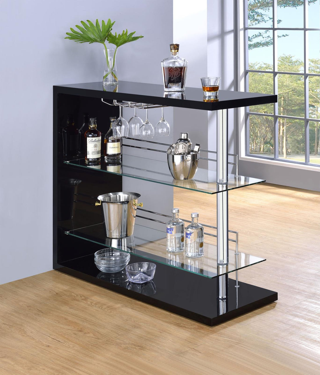 Prescott Glossy Black Rectangular 2-Shelf Bar Unit - 100165 - Bien Home Furniture &amp; Electronics