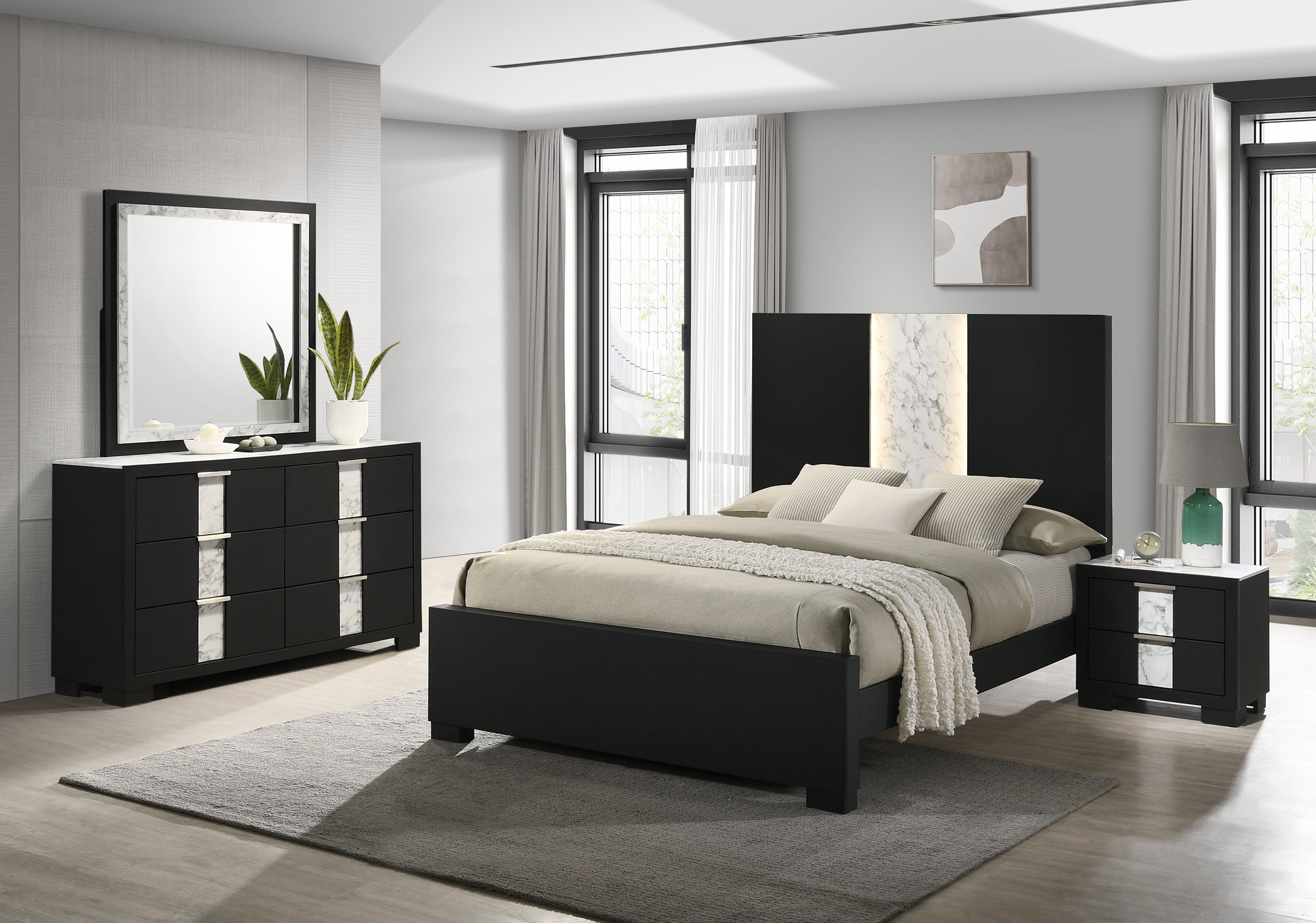 Rangley Black LED Panel Bedroom Set - SET | B6835-Q-HB | B6835-Q-FB | B6835-KQ-RAIL | B6835-2 | B6835-4 - Bien Home Furniture & Electronics