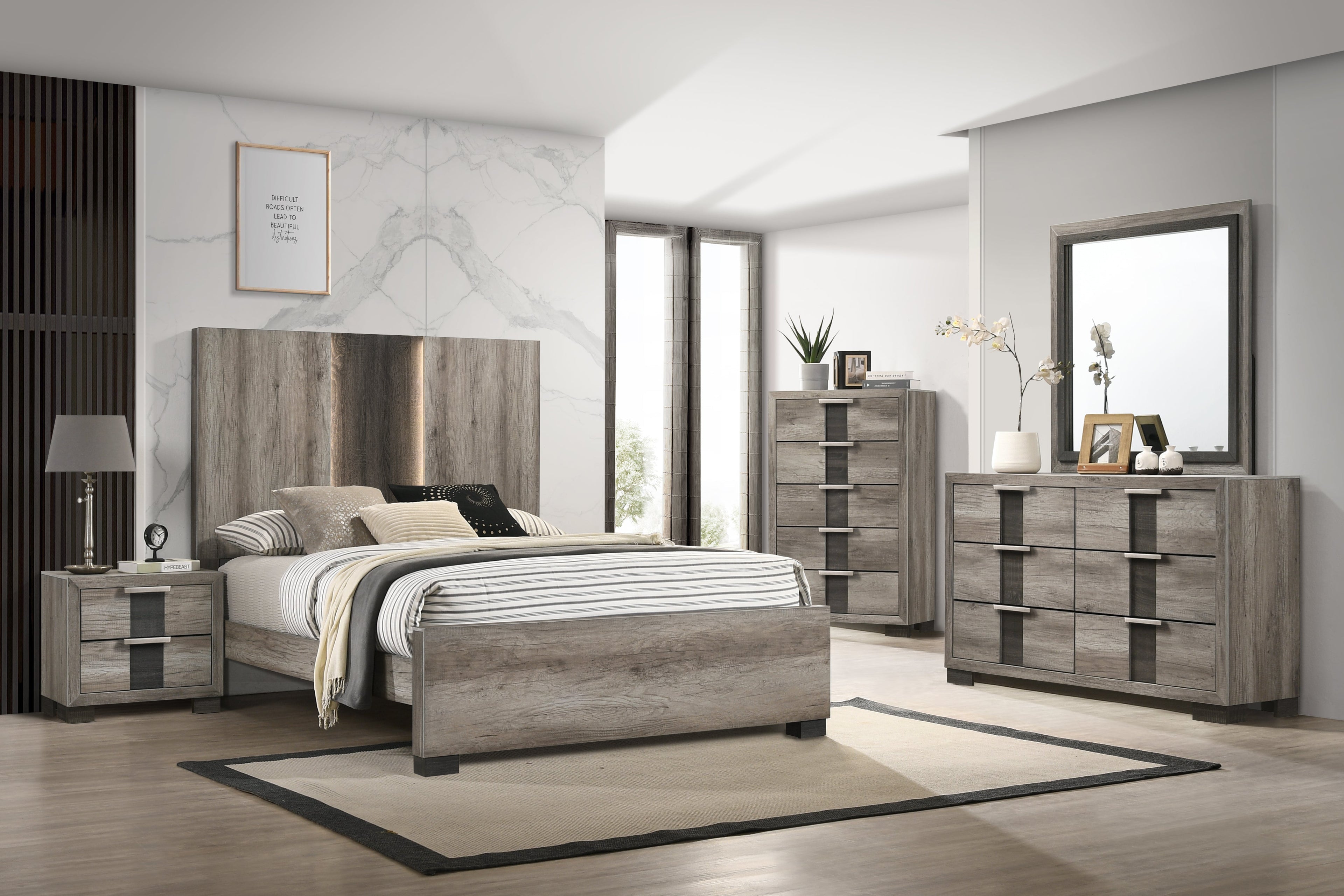 Rangley Brown LED Panel Bedroom Set - SET | B6830-Q-HB | B6830-Q-FB | B6830-KQ-RAIL | B6830-2 | B6830-4 - Bien Home Furniture &amp; Electronics