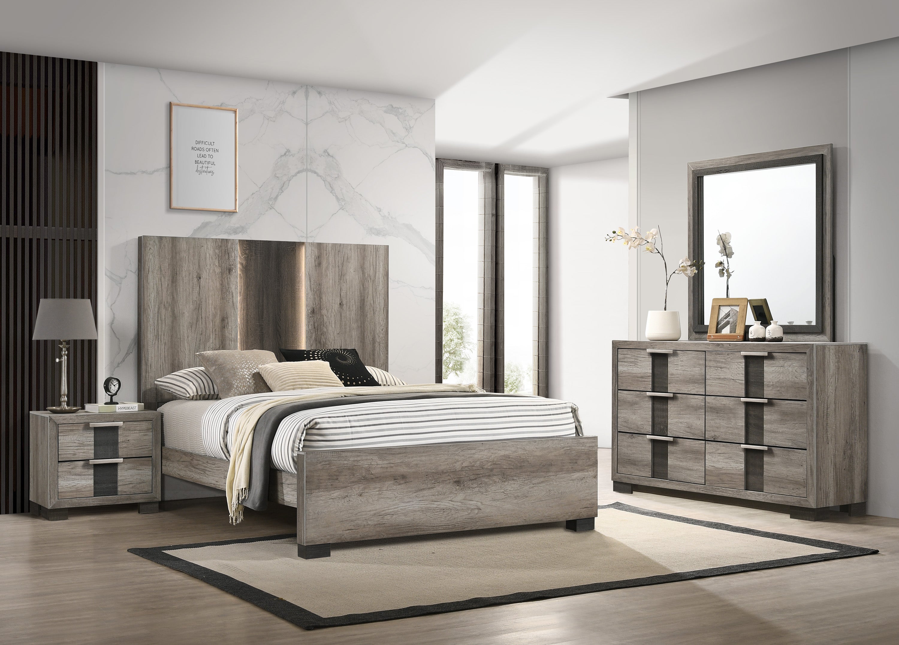 Rangley Brown LED Panel Bedroom Set - SET | B6830-Q-HB | B6830-Q-FB | B6830-KQ-RAIL | B6830-2 | B6830-4 - Bien Home Furniture &amp; Electronics