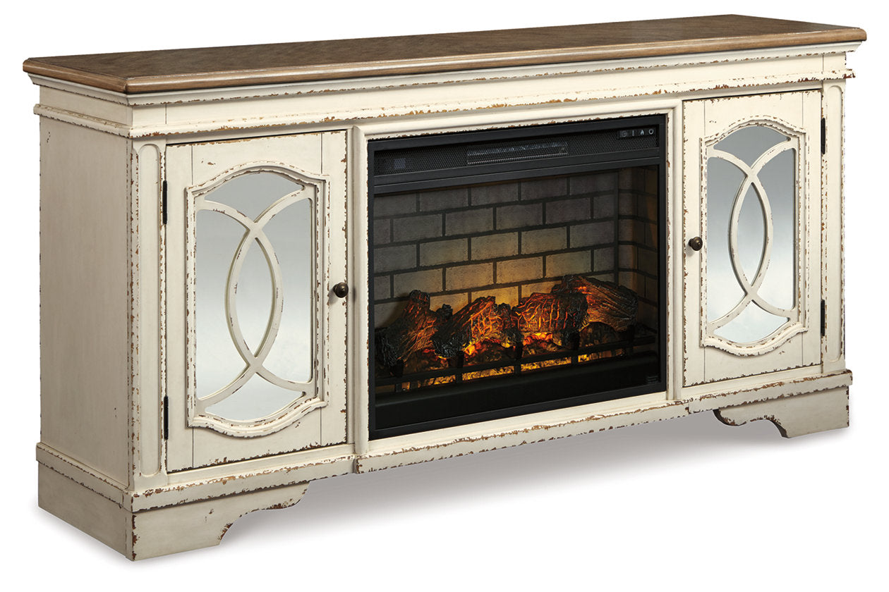 Realyn Chipped White 74" TV Stand with Electric Fireplace - SET | W743-68 | W100-121 - Bien Home Furniture & Electronics