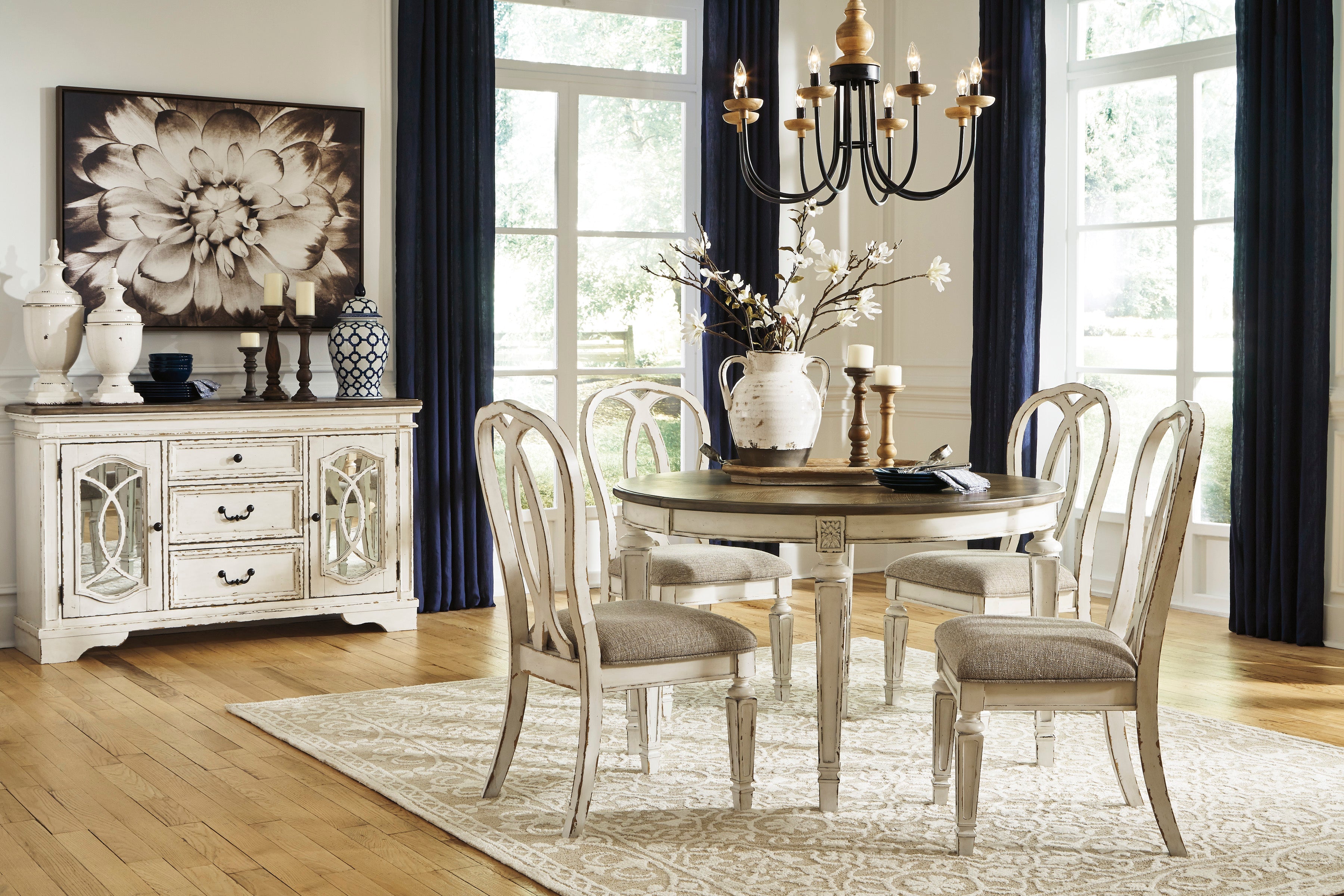 Realyn Chipped White Extendable Round/Oval Ladder Dining Set - SET | D743-35 | D743-01(4) - Bien Home Furniture & Electronics