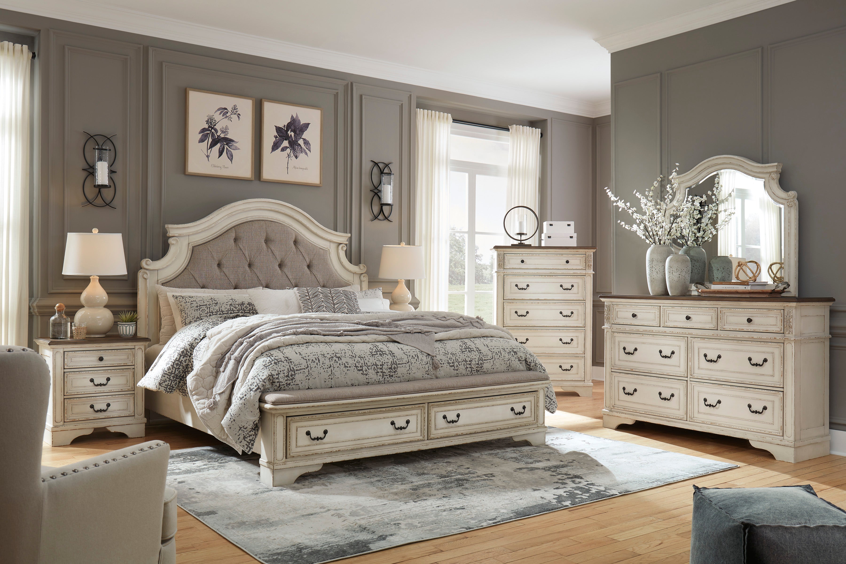 Realyn Chipped White Footboard Storage Platform Bedroom Set - SET | B743-54S | B743-57 | B743-196 | B743-93 | B743-46 - Bien Home Furniture & Electronics