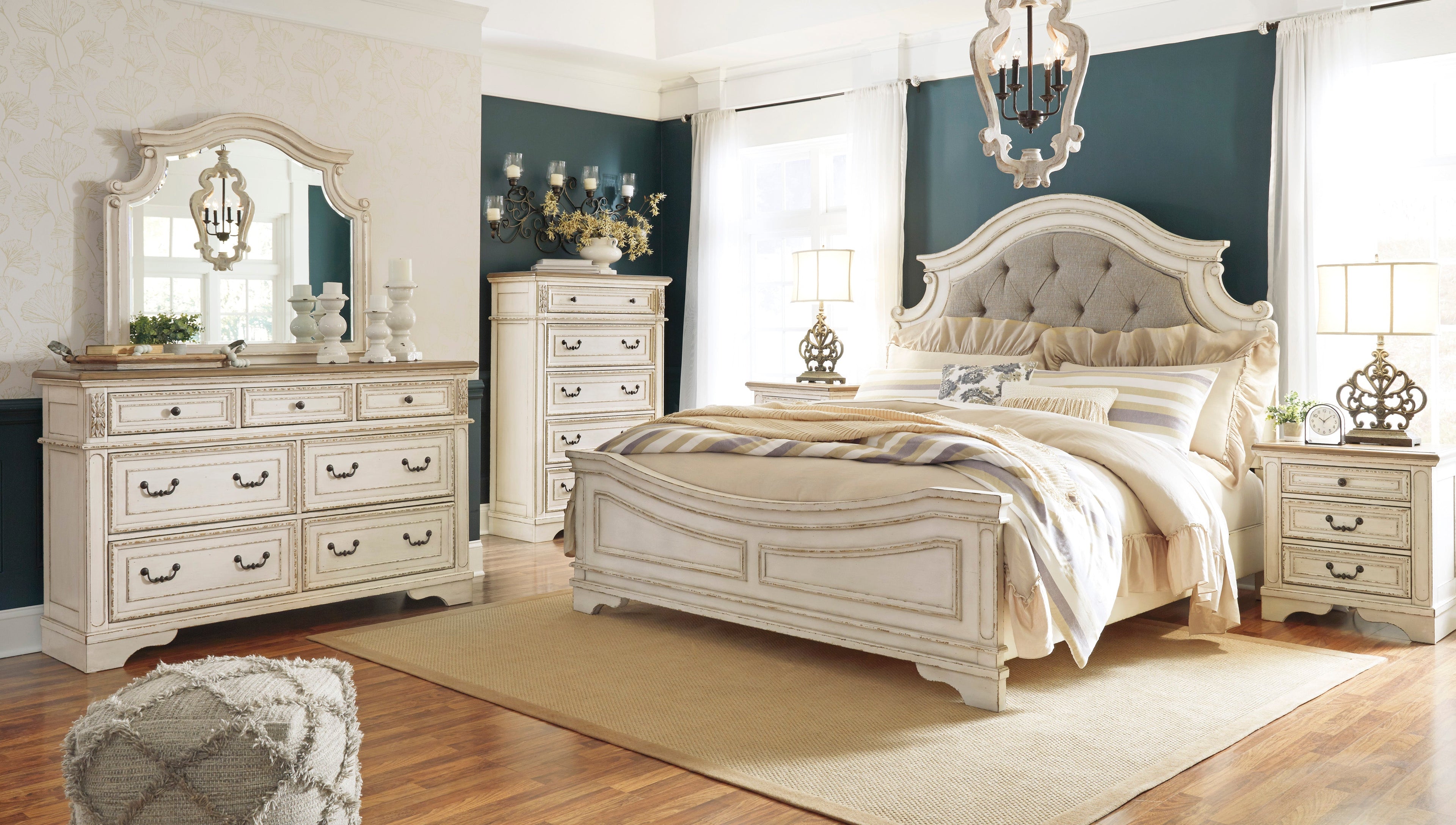 Realyn Chipped White Upholstered Panel Bedroom Set - SET | B743-54 | B743-57 | B743-96 | B743-31 | B743-36 - Bien Home Furniture & Electronics