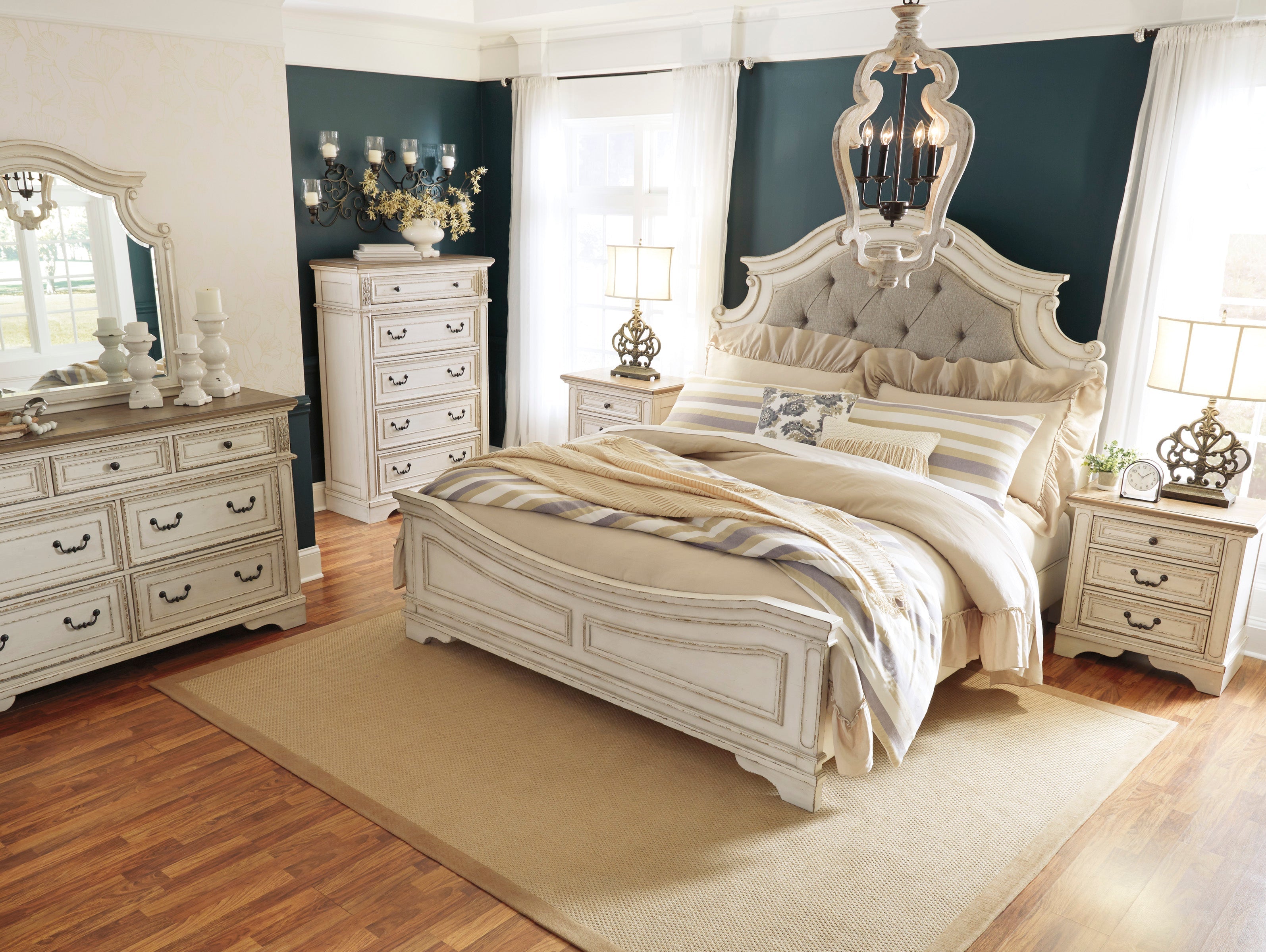 Realyn Chipped White Upholstered Panel Bedroom Set - SET | B743-54 | B743-57 | B743-96 | B743-31 | B743-36 - Bien Home Furniture & Electronics