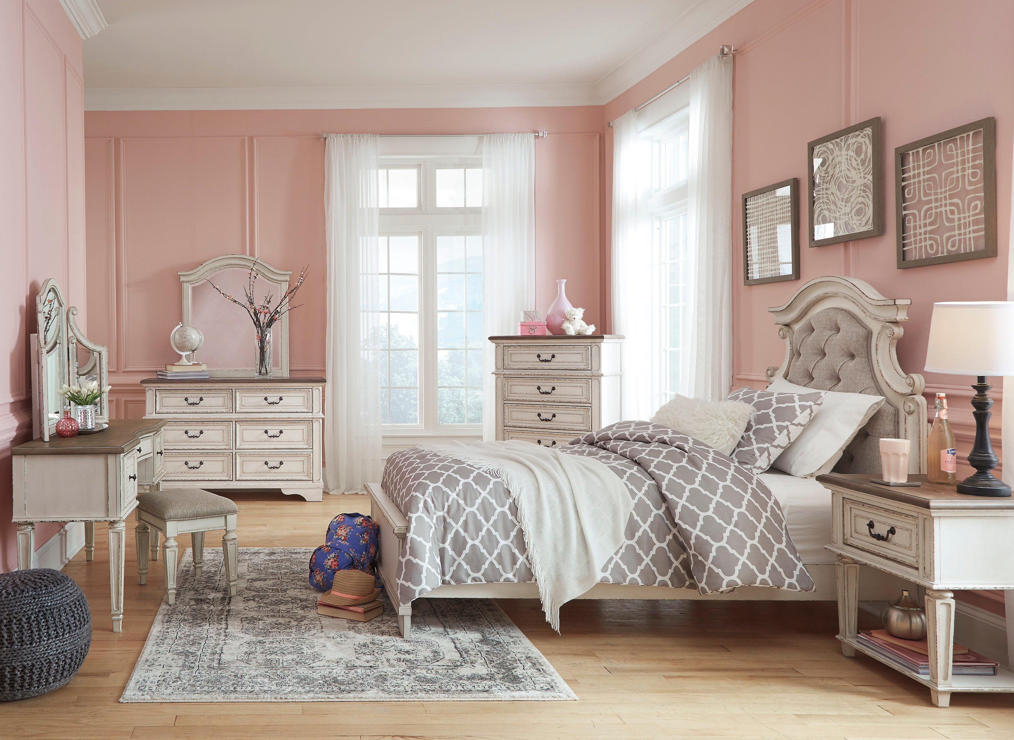 Realyn Chipped White Upholstered Panel Youth Bedroom Set - SET | B743-52 | B743-53 | B743-83 | B743-91 | B743-46 - Bien Home Furniture & Electronics