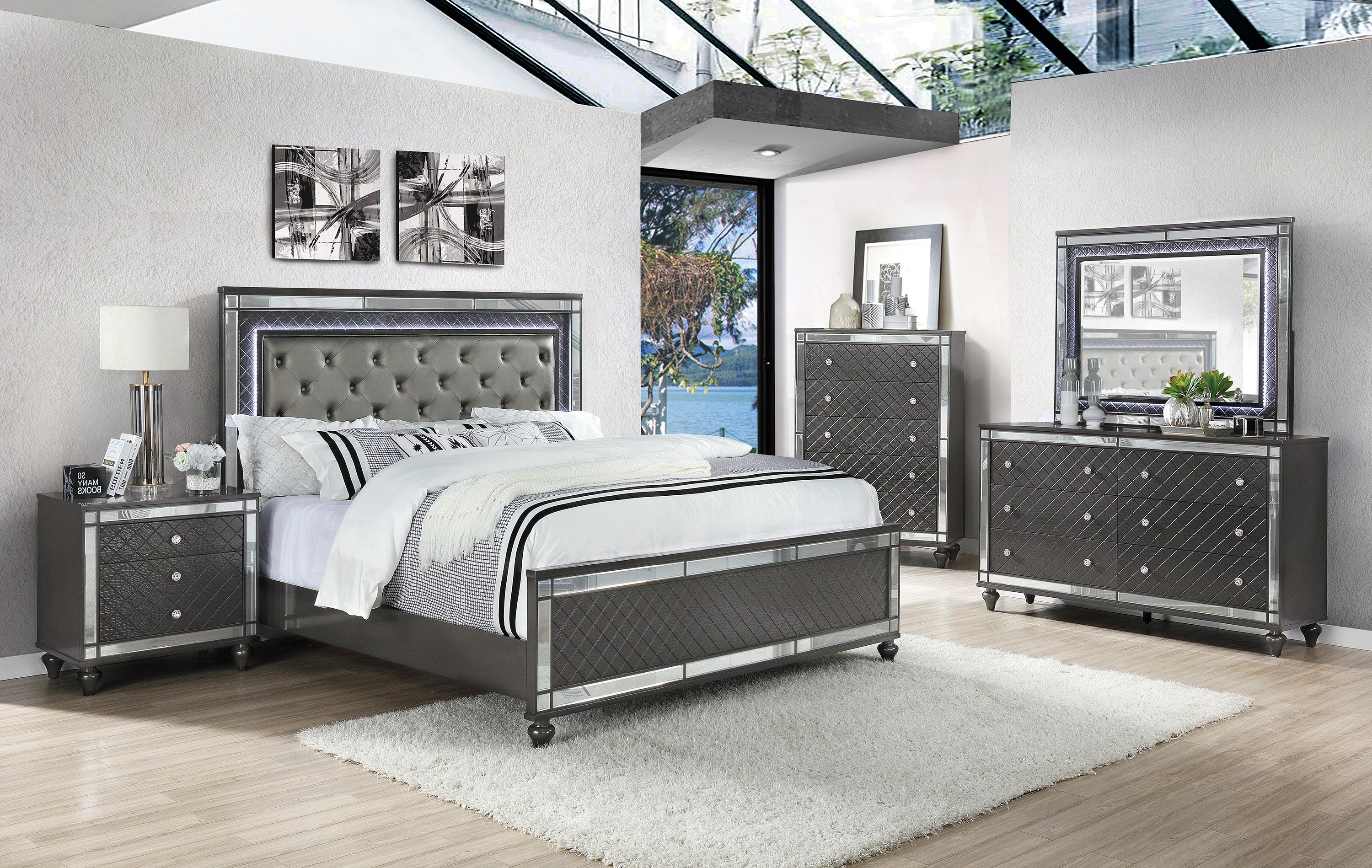 Refino Gray LED Upholstered Panel Bedroom Set - SET | B1670-K-HB | B1670-K-FB | B1670-KQ-RAIL | B1670-1 | B1670-11 | B1670-2 | B1670-4 - Bien Home Furniture & Electronics