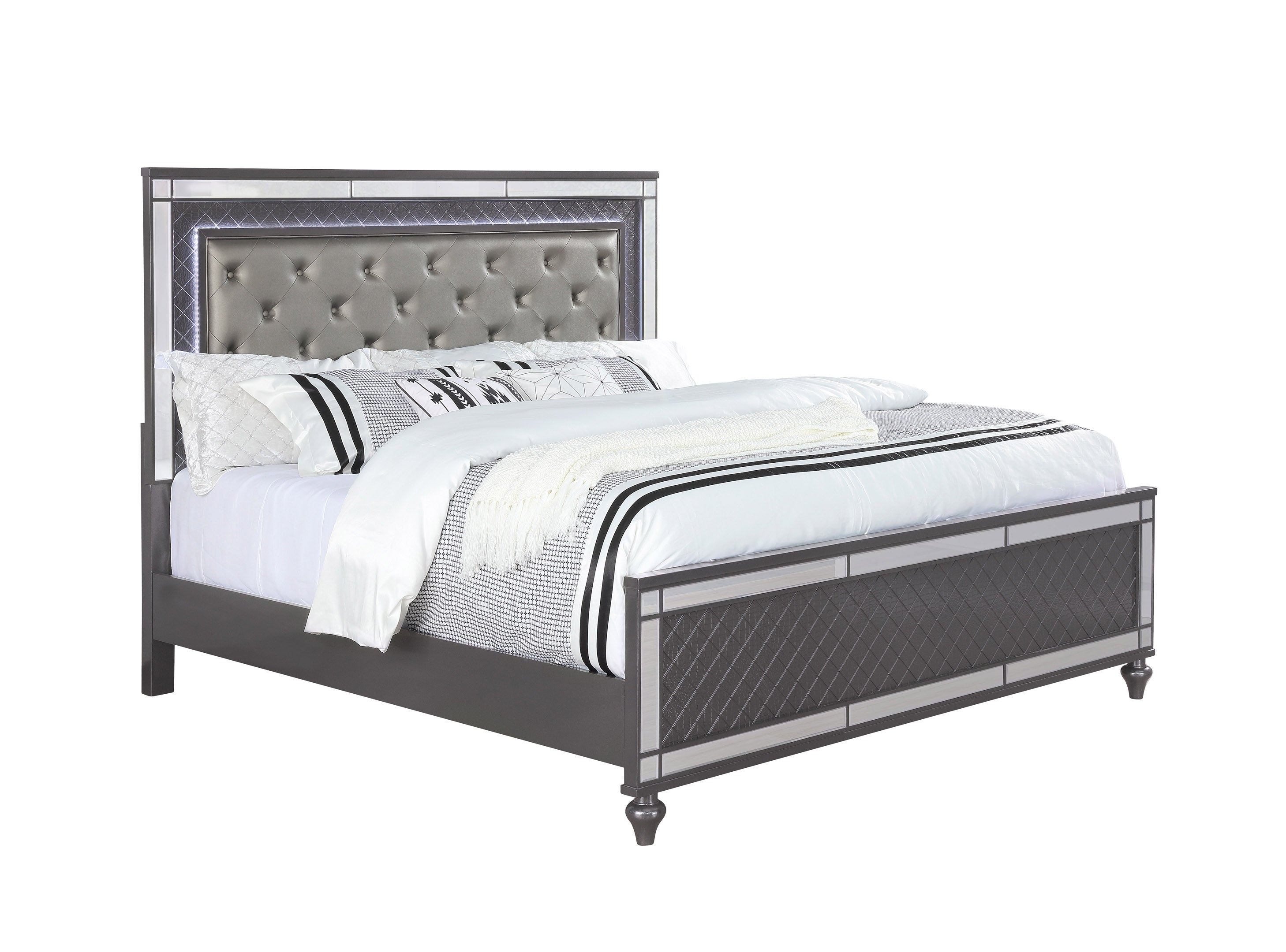 Refino Gray LED Upholstered Panel Bedroom Set - SET | B1670-K-HB | B1670-K-FB | B1670-KQ-RAIL | B1670-1 | B1670-11 | B1670-2 | B1670-4 - Bien Home Furniture & Electronics