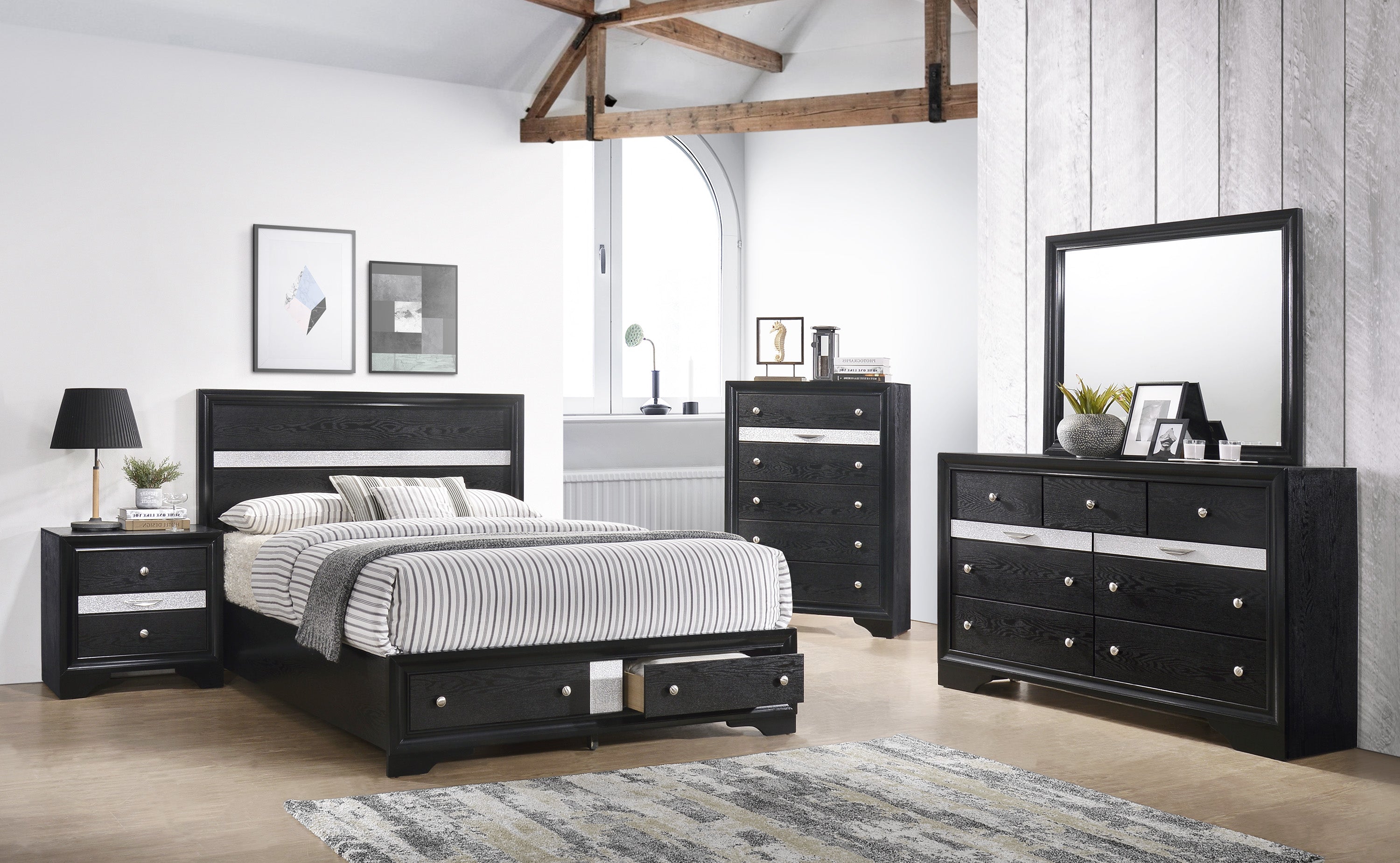 Regata Black/Silver Queen Storage Platform Bed - SET | B4670-Q-HBFB | B4670-Q-RAIL | B4670-KQ-DRW - Bien Home Furniture &amp; Electronics