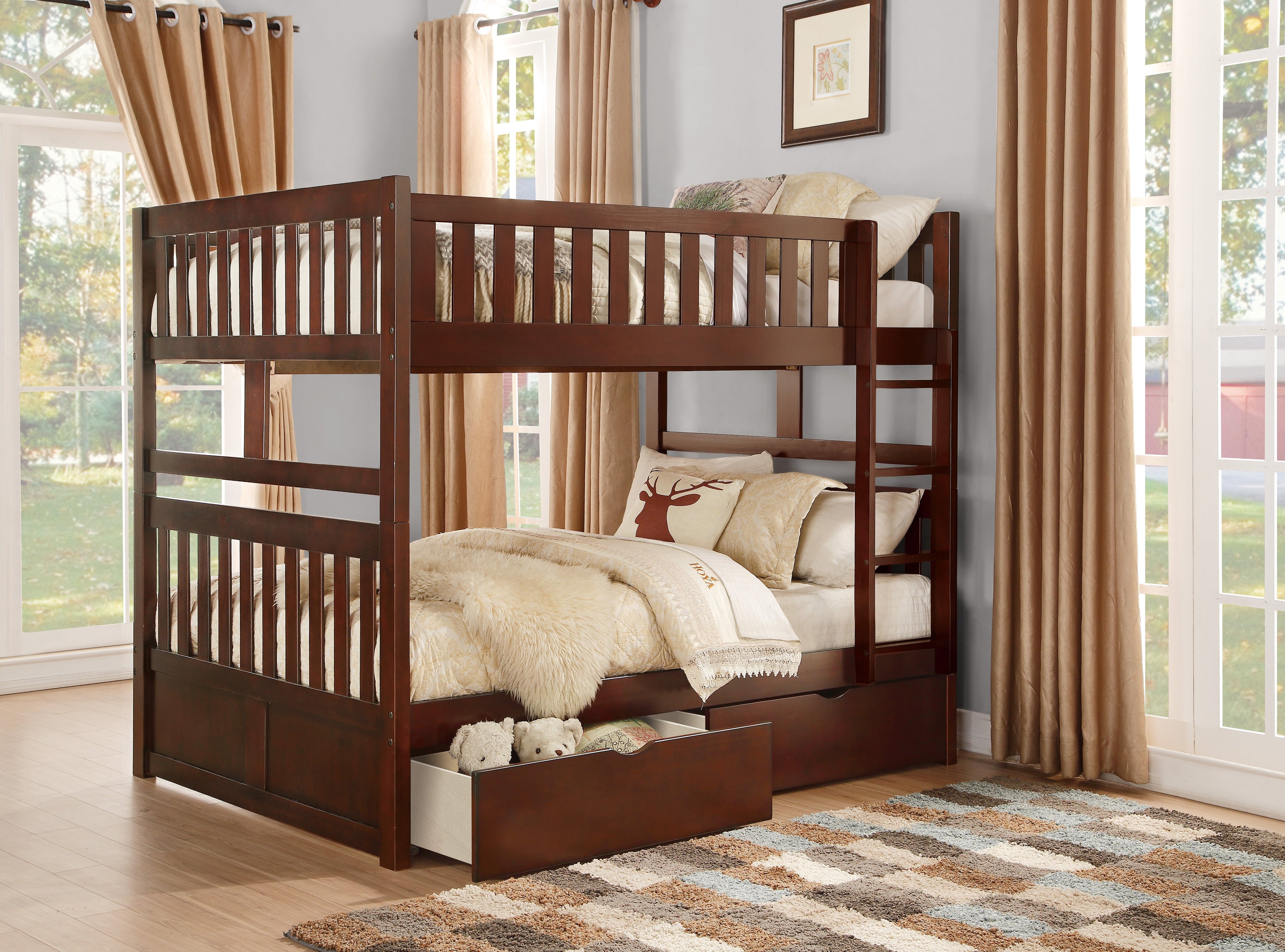 Rowe Dark Cherry Full/Full Bunk Bed with Storage Boxes - SET | B2013FFDC-1 | B2013FFDC-2 | B2013FFDC-SL | B2013DC-T - Bien Home Furniture &amp; Electronics