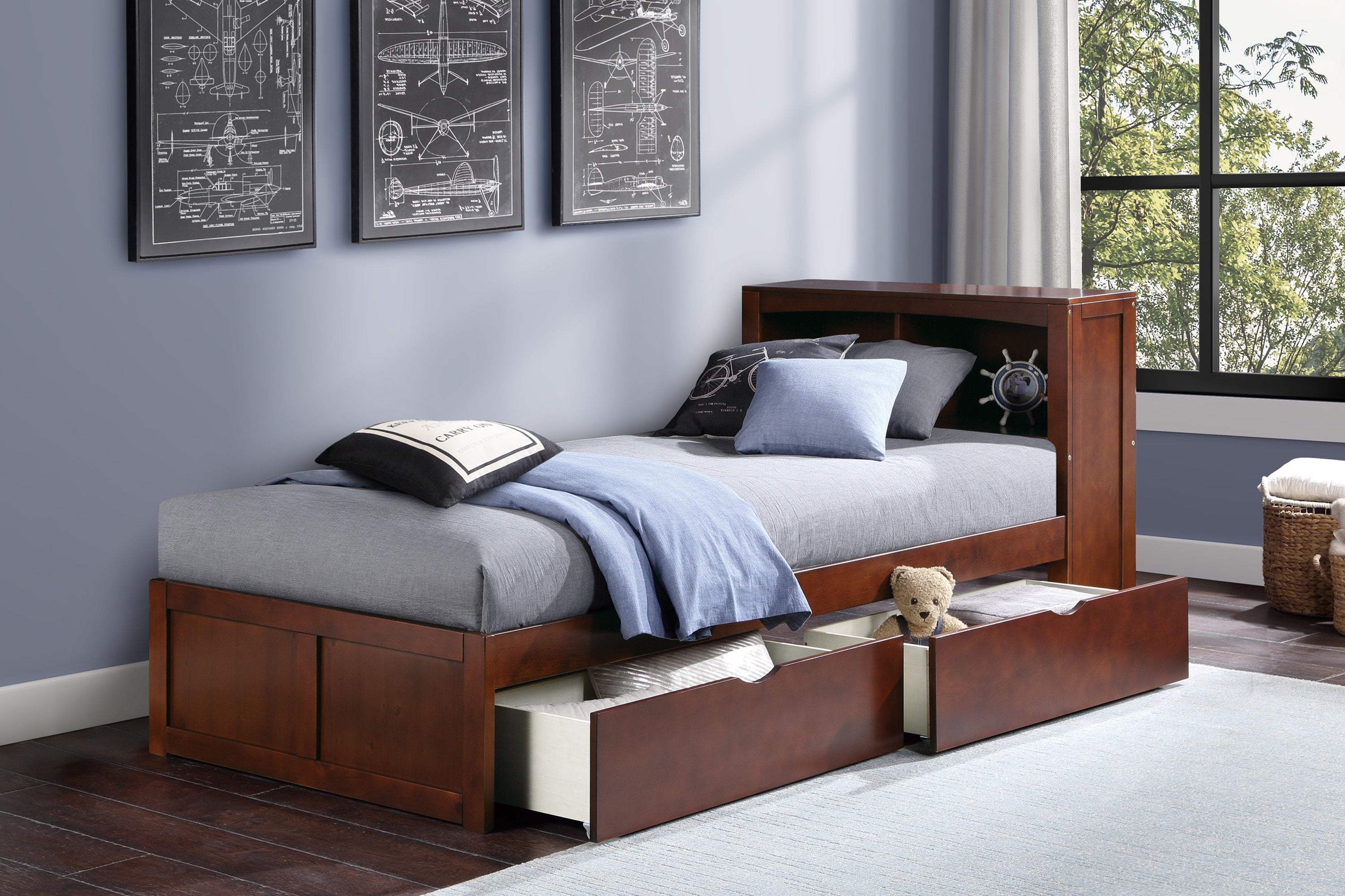 Rowe Dark Cherry Twin Bookcase Bed with Storage Boxes - SET | B2013BCDC-1 | B2013BCDC-2 | B2013DC-T - Bien Home Furniture & Electronics