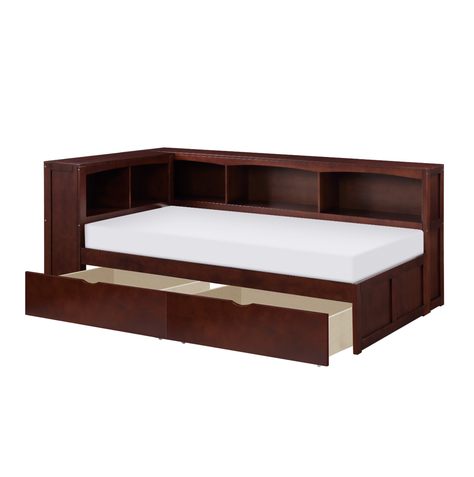 Rowe Dark Cherry Twin Bookcase Corner Bed with Storage Boxes - SET | B2013BCDC-1 | B2013BCDC-2 | B2013BCDC-BC | B2013DC-T - Bien Home Furniture &amp; Electronics